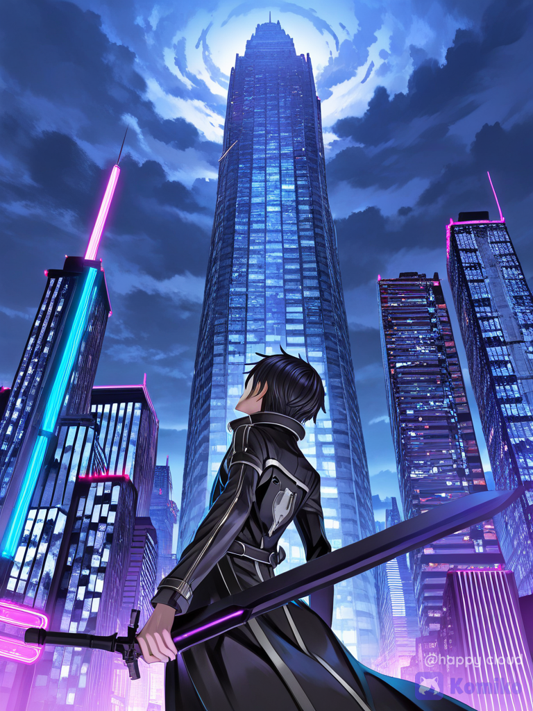 [voluptuous-style], @Kirito, skyscraper, neon lights, from below, depth of field, cloudy sky