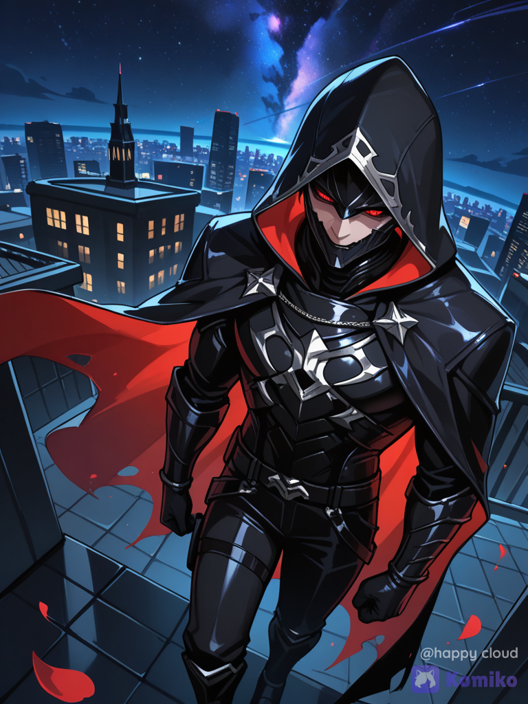 A hero fell into the depths of darkness. He decided to change everything about himself — his name, his beliefs, even the way he dressed. But there was one thing he could never erase: the betrayal. He turned against his friends, the people who loved him, and everyone who once stood by his side. The hero they knew was gone… and something darker had taken his place., 1boy, cosmic background, skyscraper, night, from above