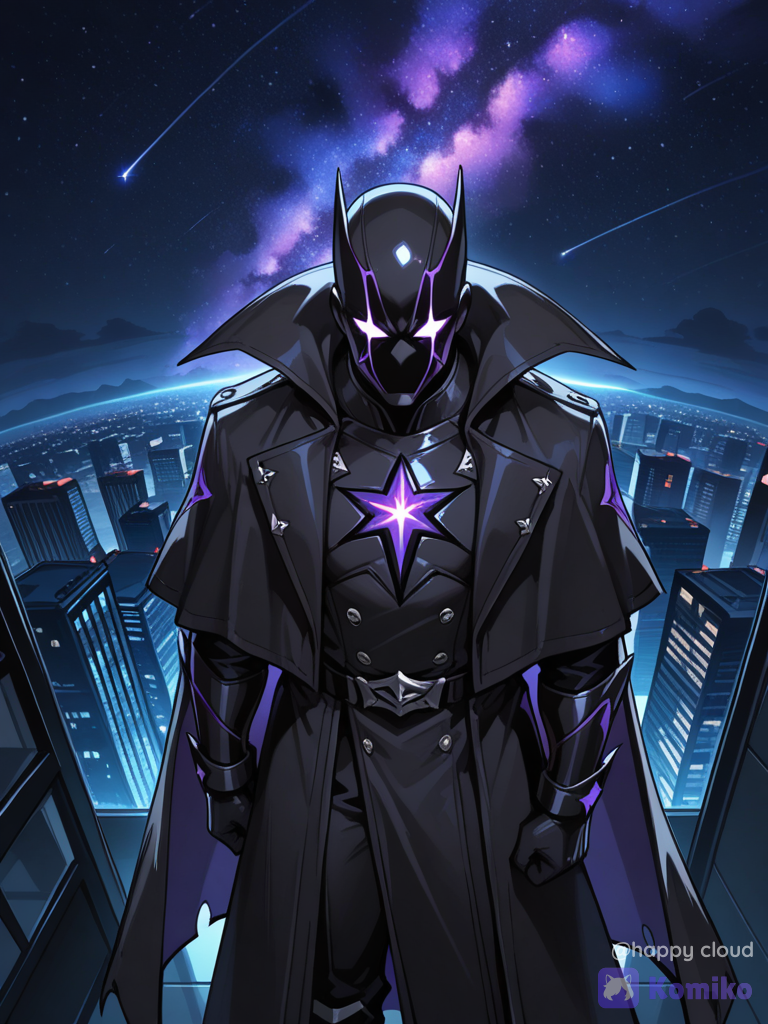 A hero fell into the depths of darkness. He decided to change everything about himself — his name, his beliefs, even the way he dressed. But there was one thing he could never erase: the betrayal. He turned against his friends, the people who loved him, and everyone who once stood by his side. The hero they knew was gone… and something darker had taken his place., 1boy, cosmic background, skyscraper, night, from above