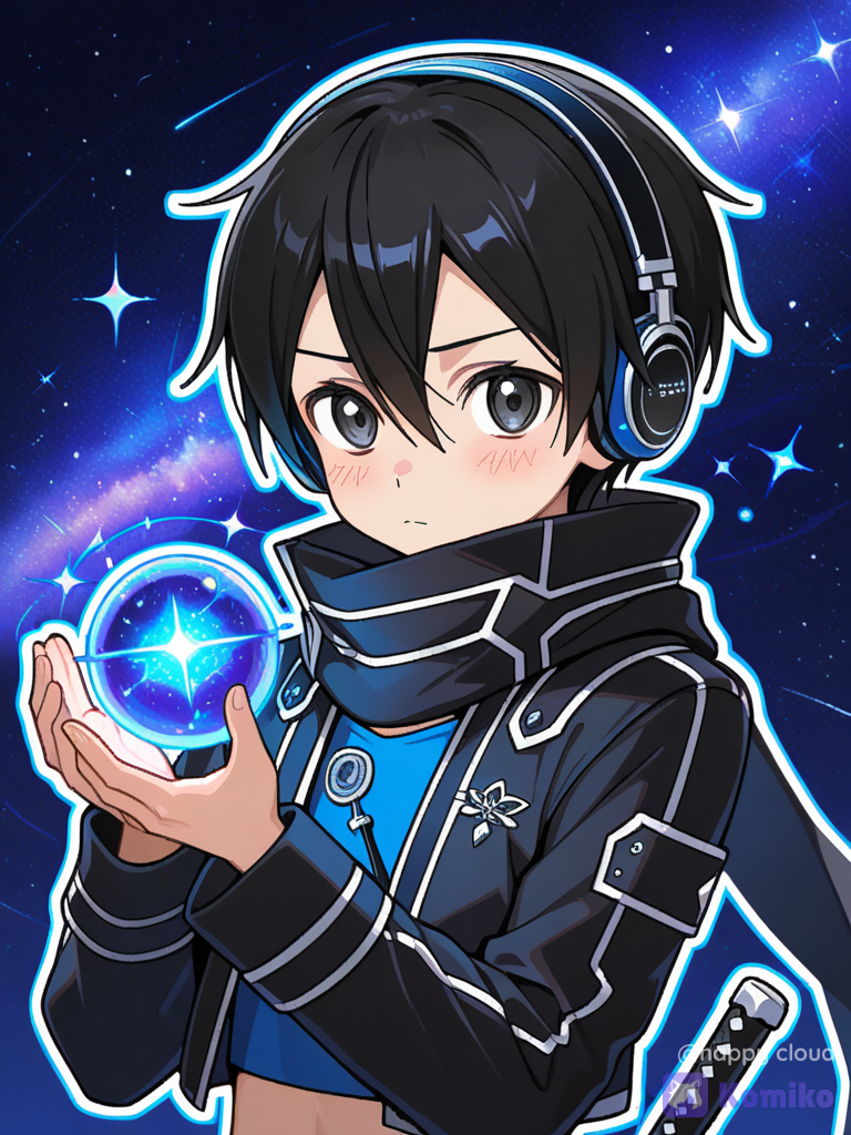 pixel art, @Kirito, blush, crop hoodie, headphones, magic orb, sword, scarf, klein blue, portrait, rim light, starry sky, cosmic background