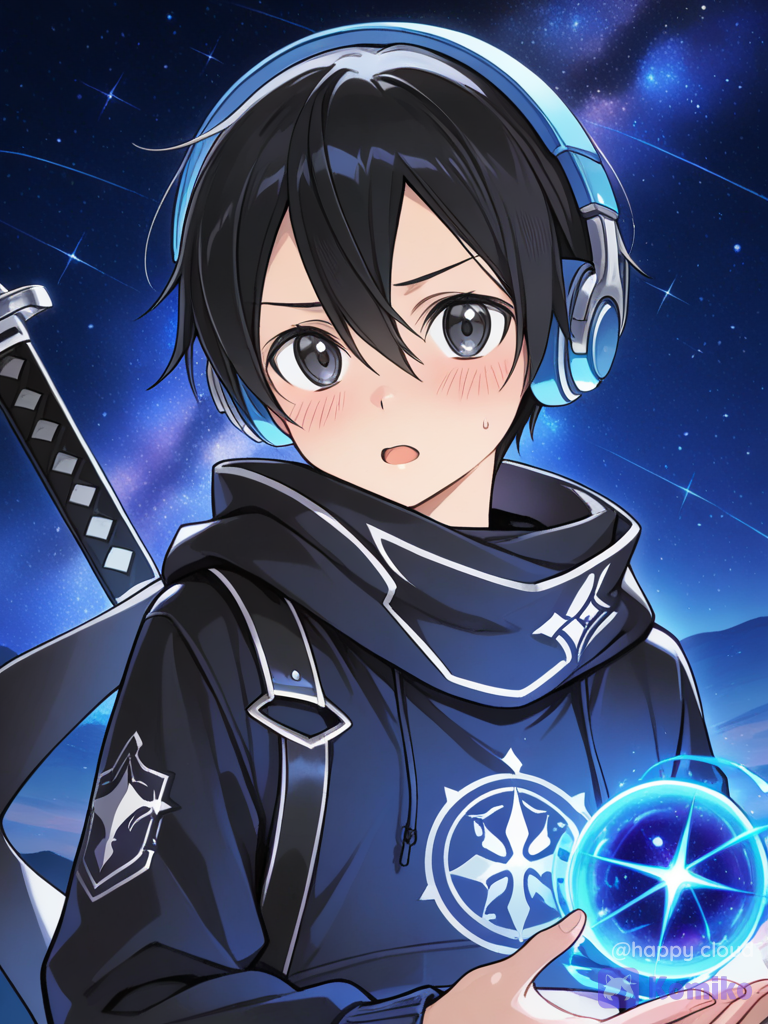 pixel art, @Kirito, blush, crop hoodie, headphones, magic orb, sword, scarf, klein blue, portrait, rim light, starry sky, cosmic background