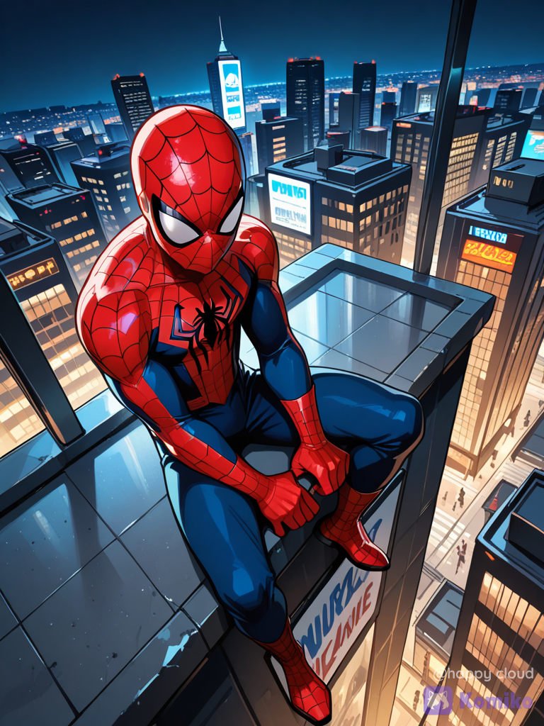 “Spider-Man is exploring New York City, and he stops at Times Square. From above, he gazes at the incredible view of the crowd below and the bright city lights surrounding him.