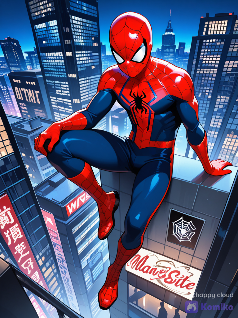 “Spider-Man is exploring New York City, and he stops at Times Square. From above, he gazes at the incredible view of the crowd below and the bright city lights surrounding him.