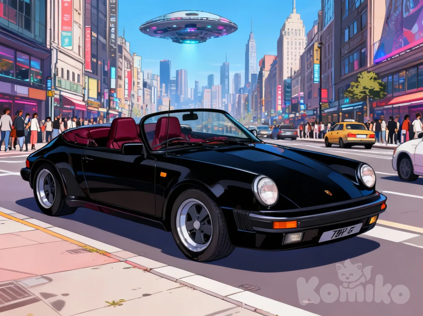 Cool Car And Alien Ship In The Sky