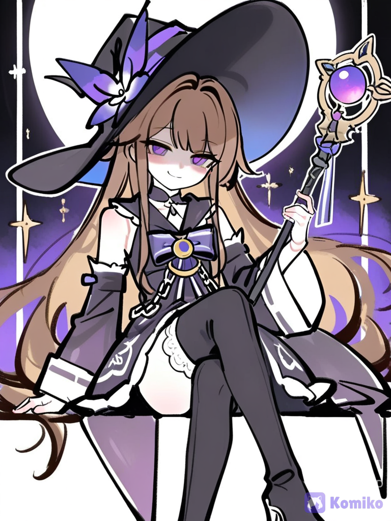 1girl, solo, herta, honkai: star rail, witch hat, medium long shot, looking at viewer, smile, crossed legs, sitting, holding staff, purple dress, detached sleeves, thighhighs, high heels, brown hair, purple eyes, doll joints, [soft-manga-pop-style]