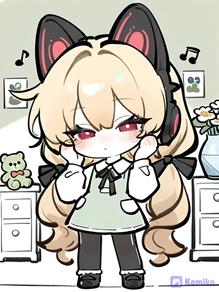 [soft-manga-pop-style], @raiami-XUKD đang đeo tai nghe mèo màu xanh lá nhạt, ở trong phòng ngủ có một ít gấu bông, thú nhồi bông và một ít bình hoa và một phiên bản chibi của nhân vật đang ở trên vai của nhân vật, những nốt nhạc xung quanh nhân vật, đang nghe nhạc, hay tay để ở hai bên chiếc tai nghe và đang cảm nhận nhạc ở trong tai nghe đó, đang cảm thấy thoải mái, bức tường trong phòng ngủ của nhân vật có màu xanh lá nhạt