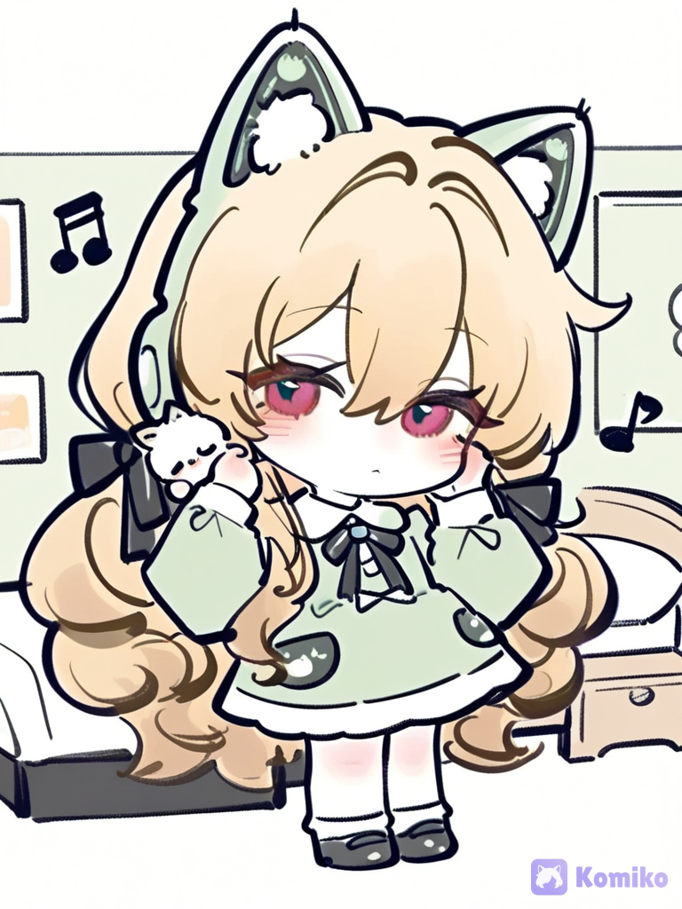 [soft-manga-pop-style], @raiami-XUKD đang đeo tai nghe mèo màu xanh lá nhạt, ở trong phòng ngủ có một ít gấu bông, thú nhồi bông và một ít bình hoa và một phiên bản chibi của nhân vật đang ở trên vai của nhân vật, những nốt nhạc xung quanh nhân vật, đang nghe nhạc, hay tay để ở hai bên chiếc tai nghe và đang cảm nhận nhạc ở trong tai nghe đó, đang cảm thấy thoải mái, bức tường trong phòng ngủ của nhân vật có màu xanh lá nhạt