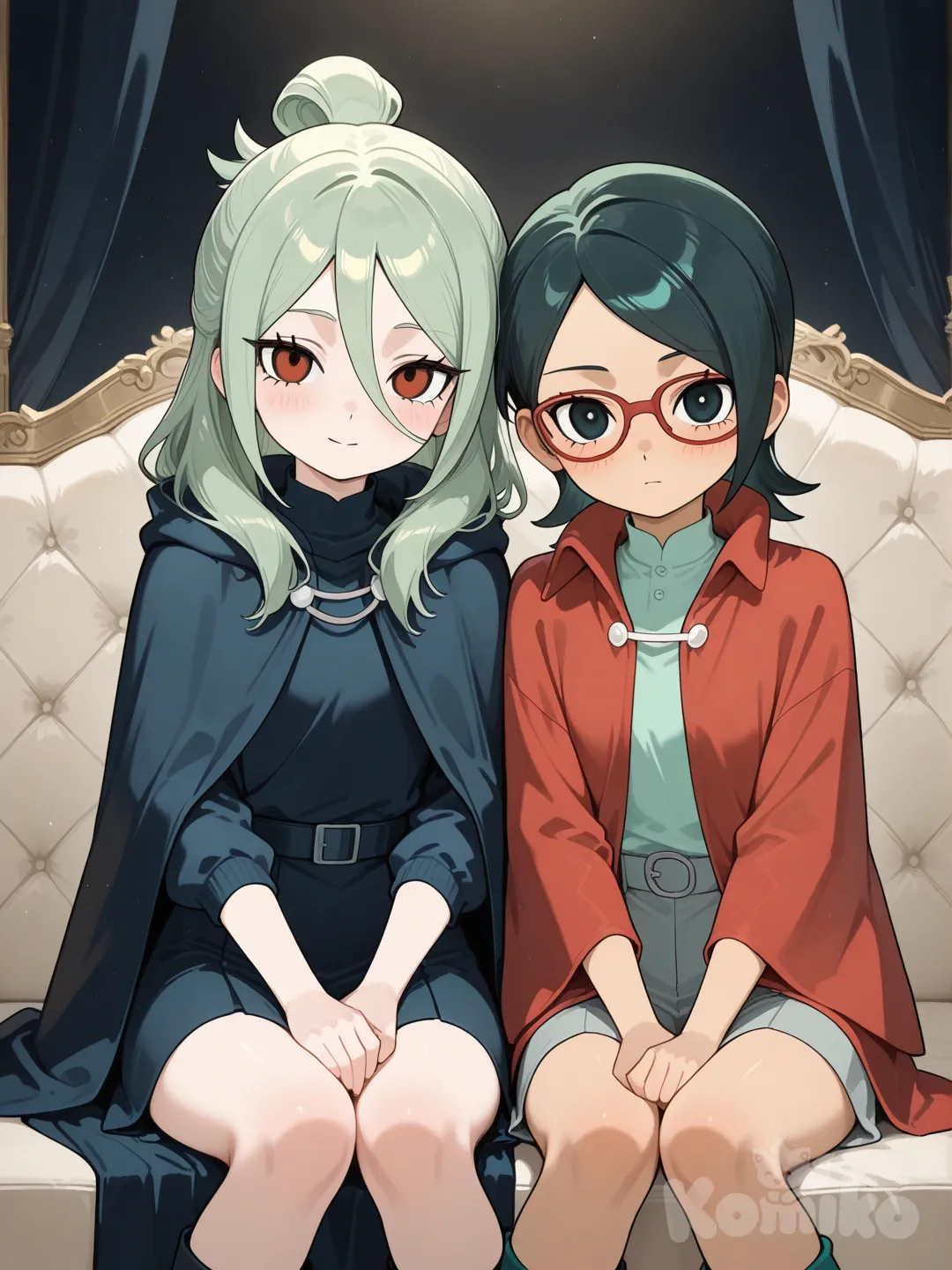 Inazuma eleven manto pelo largo verde claro y sarada Uchiha sentadas