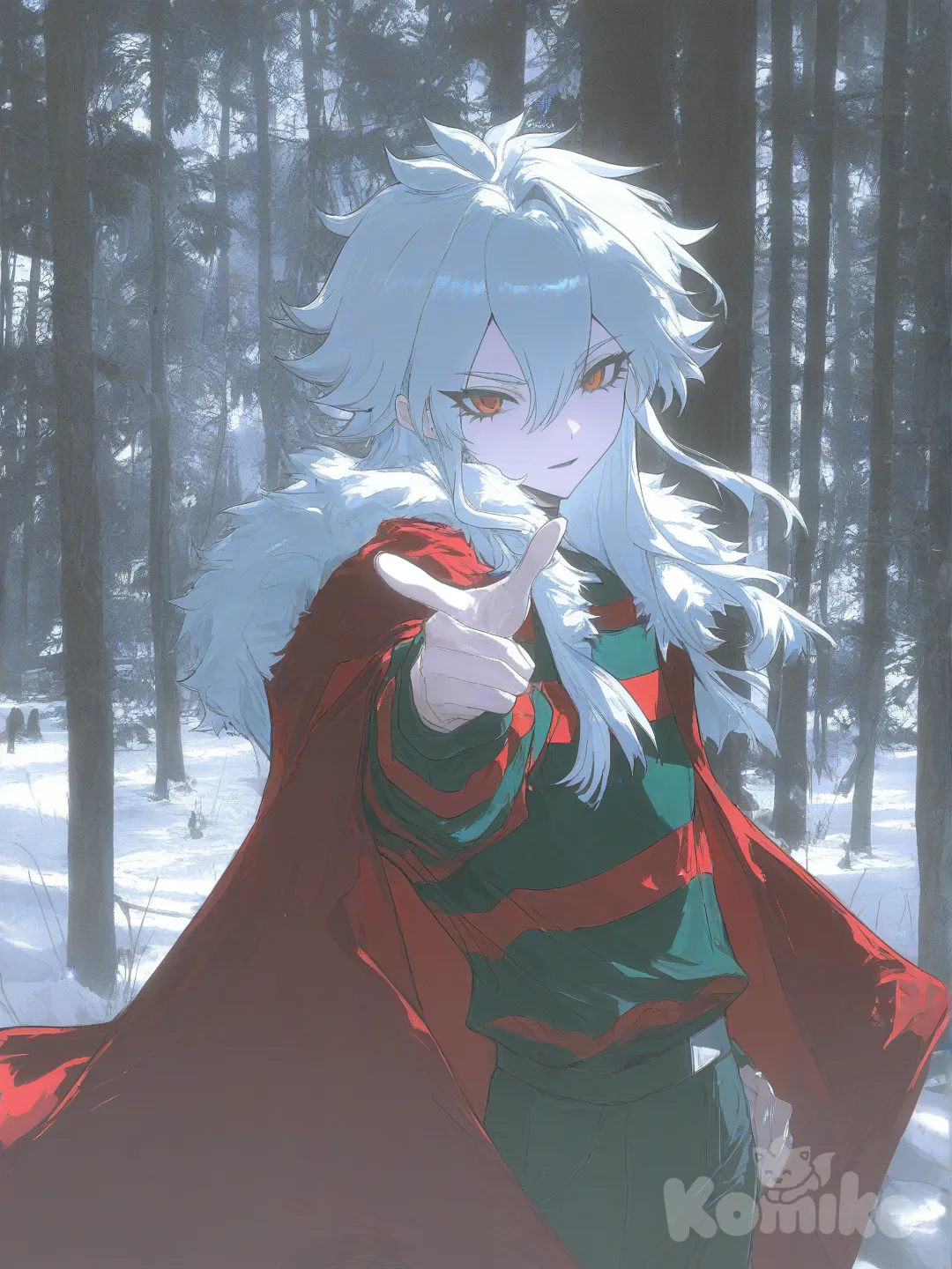 pointing at viewer, [desaturated-illustration-style] Inazuma eleven manto pelo y blanco y rojo , striped shirt, forest