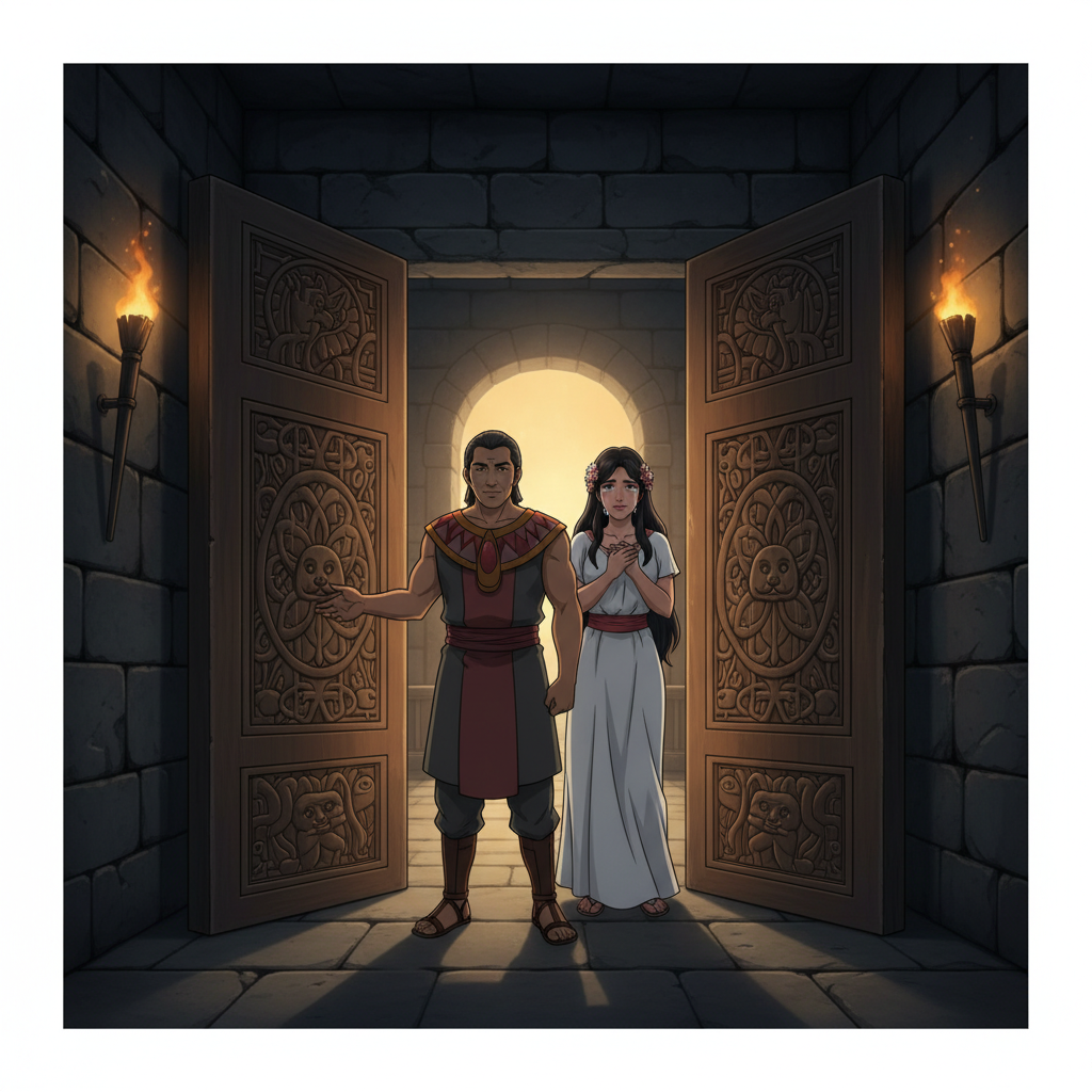 Viñeta 1 (plano general interior):
El Inca conduce a Ollantay por un pasillo de piedra iluminado por antorchas.
Tupac Yupanqui: “Hay alguien que espera por ti.” Viñeta 2 (plano medio):
Puertas del templo abriéndose. Cusi Coyllur aparece con expresión dulce y lágrimas.
Onomatopeya: suspiro… Viñeta 3 (plano medio):
Ollantay corre hacia ella y la abraza fuertemente.
Onomatopeya: ¡BAM! Viñeta 4 (primer plano):
Cusi Coyllur sonríe entre lágrimas.
Cusi Coyllur: “El amor venció al poder.”