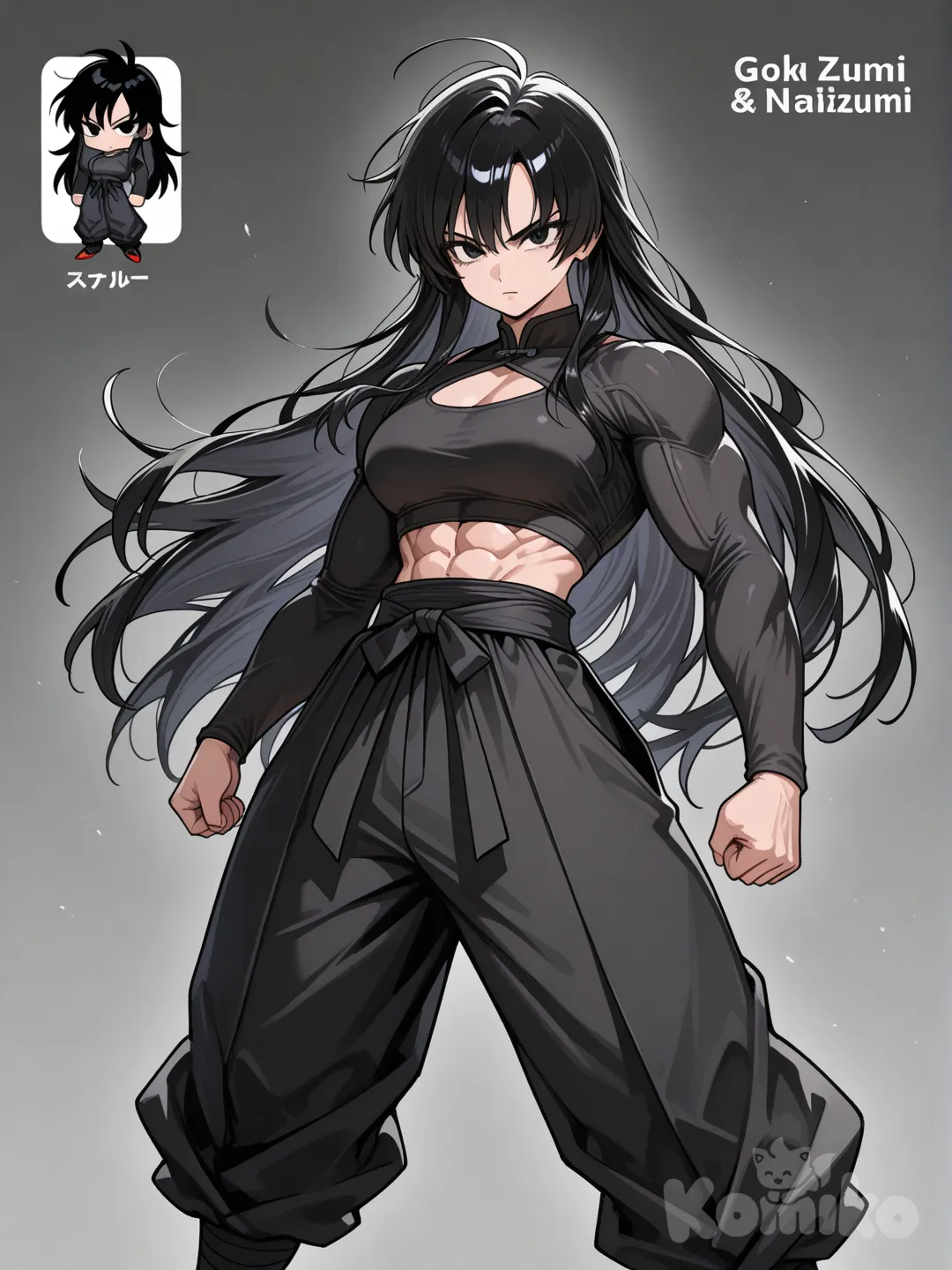 Crie uma fusão entre goku fem e natizumi a tem cabelos grandes preto olhos pretos calça preta estilo goku mais preto camisa preta do goku Black fem um top pretos cobrindo os braços