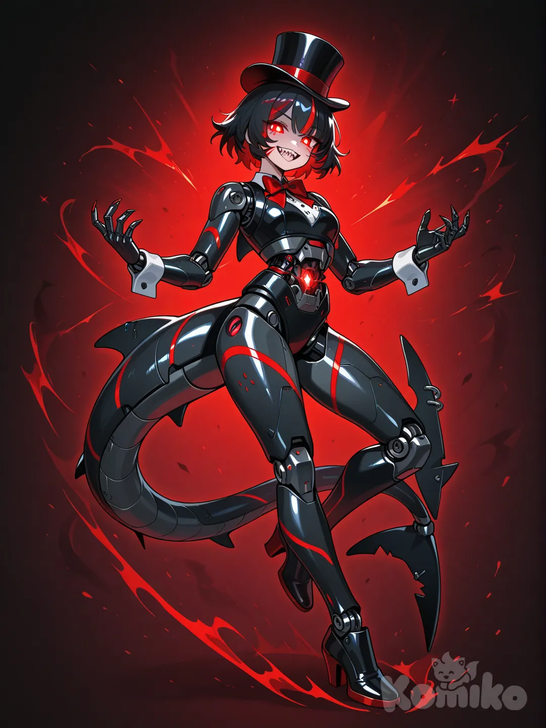 Crie uma animatronic anima versão fnaf fêmea dentes afiados cauda longa tubarão preto e feito de metál olhos vermelho corpo preto e vermelho pernas preta e vermelha ela usa chapéu preto ela usa laço vermelho