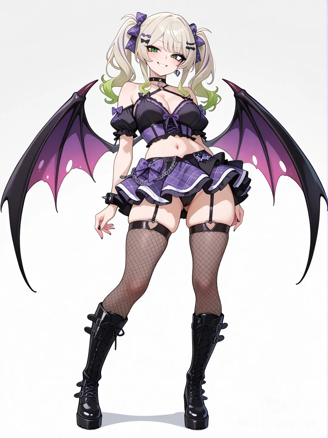 "Anime style illustration of an extremely sexy and daring girl. She has platinum blonde hair in twin pigtails with purple plaid bows. Intense bright green eyes with dramatic makeup and a provocative, confident smirk. She is wearing a highly revealing gothic-sweet idol outfit: a tight, deep-cut black/dark purple corset top or bralette showing ample cleavage and midriff, with straps and possibly chains. A super short, form-fitting purple and black plaid micro-mini-skirt, barely covering, possibly with side cutouts or buckles, hinting at matching lingerie underneath. Long decorative chain of rhombus jewels hanging from the back of the skirt. Dramatic, sharp bat-wing accessory on her lower back. She is in a seductive, dynamic pose that highlights her curves, perhaps with a leg raised or a hand provocatively touching her body. Thigh-high fishnet stockings or boots. Choker. White or dark atmospheric background. Bold, striking colors and lighting. Focus on sensuality and empowerment.", full body, white background, showing tits
