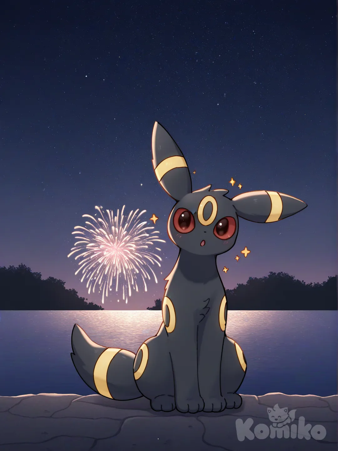 [pokemon-style], Umbreon, pokemon (creature), full body, closeup, outdoors, ambient light, night, sparkle, lake, starry sky, fireworks, Umbreon’s rings glowing, watching fireworks, excited