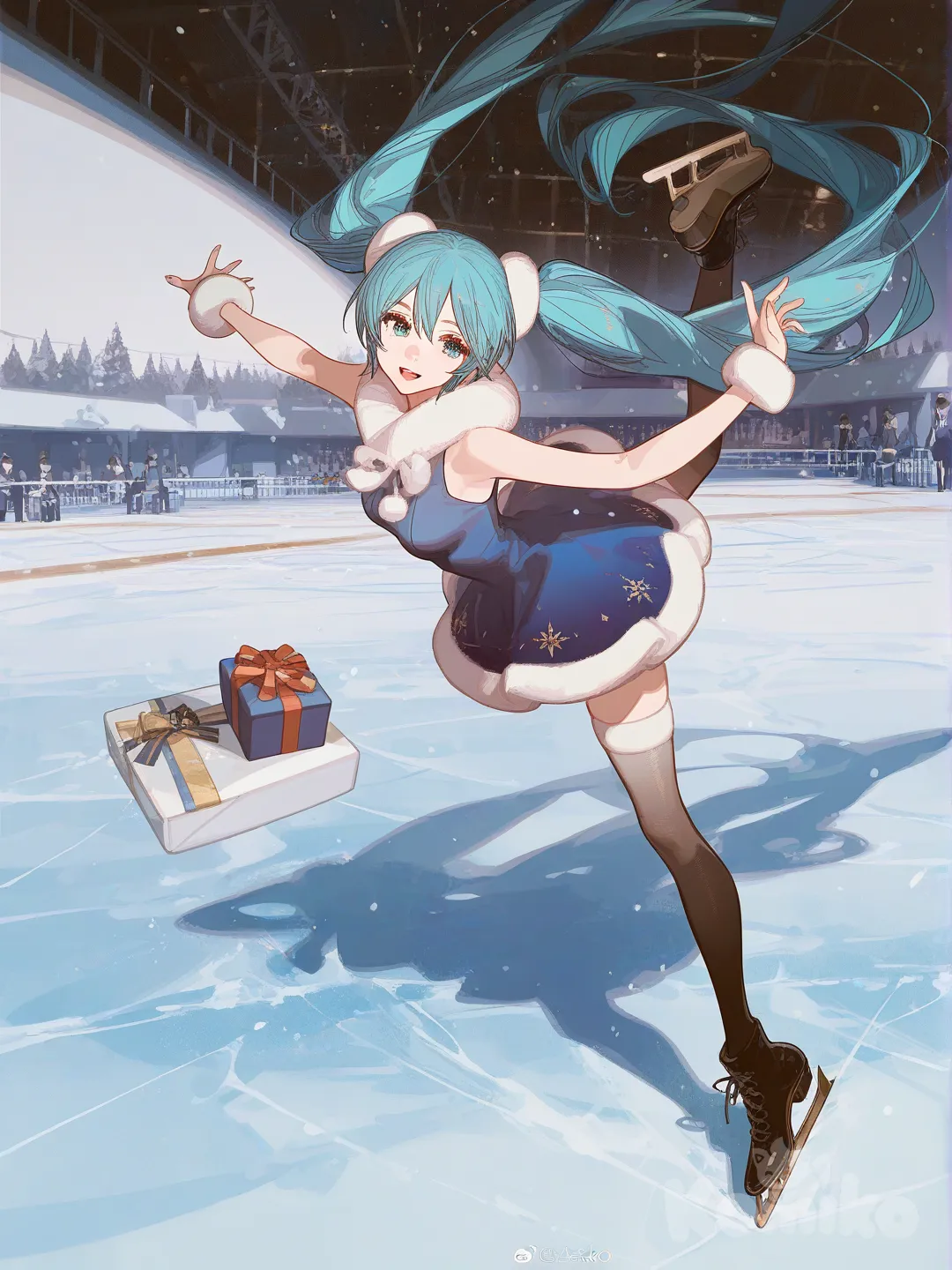 [dazzling-illustration-style], @Hatsune_Miku, катается на коньках, вокруг лежат подарочные коробки. цвет одежды голубой, одежда оторочена мехом