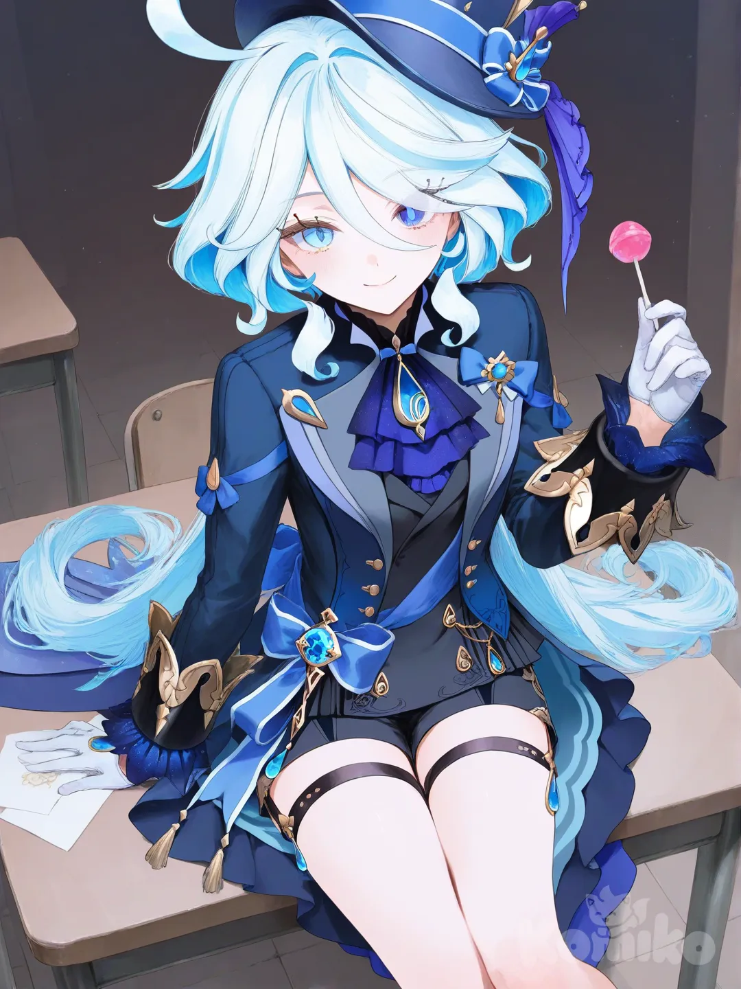 @Furina_(Genshin_Impact) , [sweet-pastel-style] сидит на столе, в руках леденец