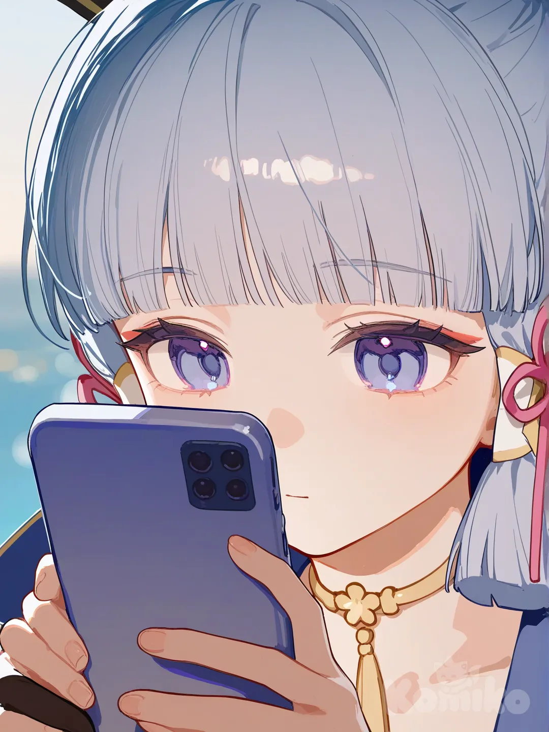 @Kamisato_Ayaka , looking at phone, upper body, [lacquered-illustration-style]