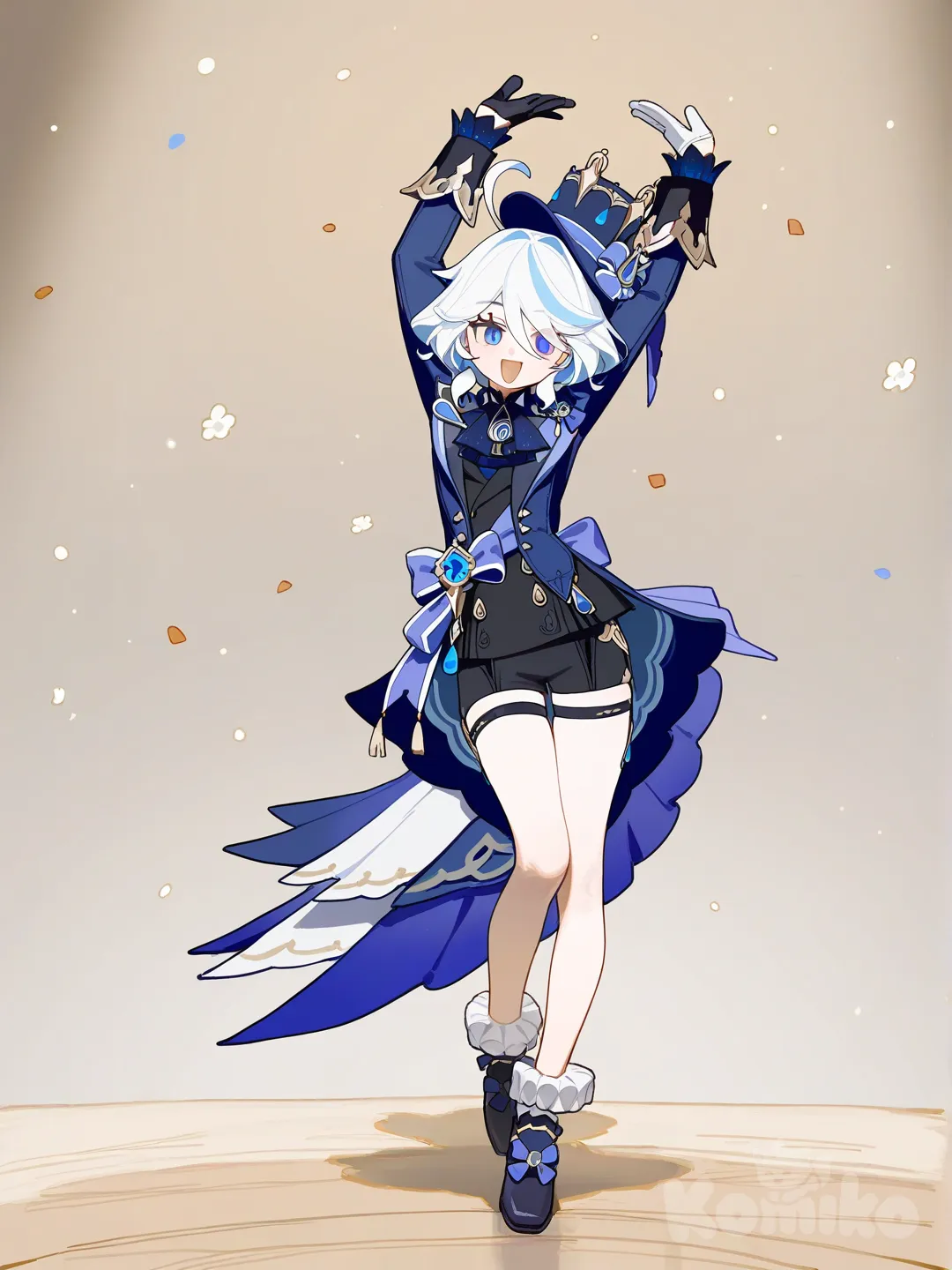 @Furina_(Genshin_Impact), waving, dancing, full body, [lacquered-illustration-style]