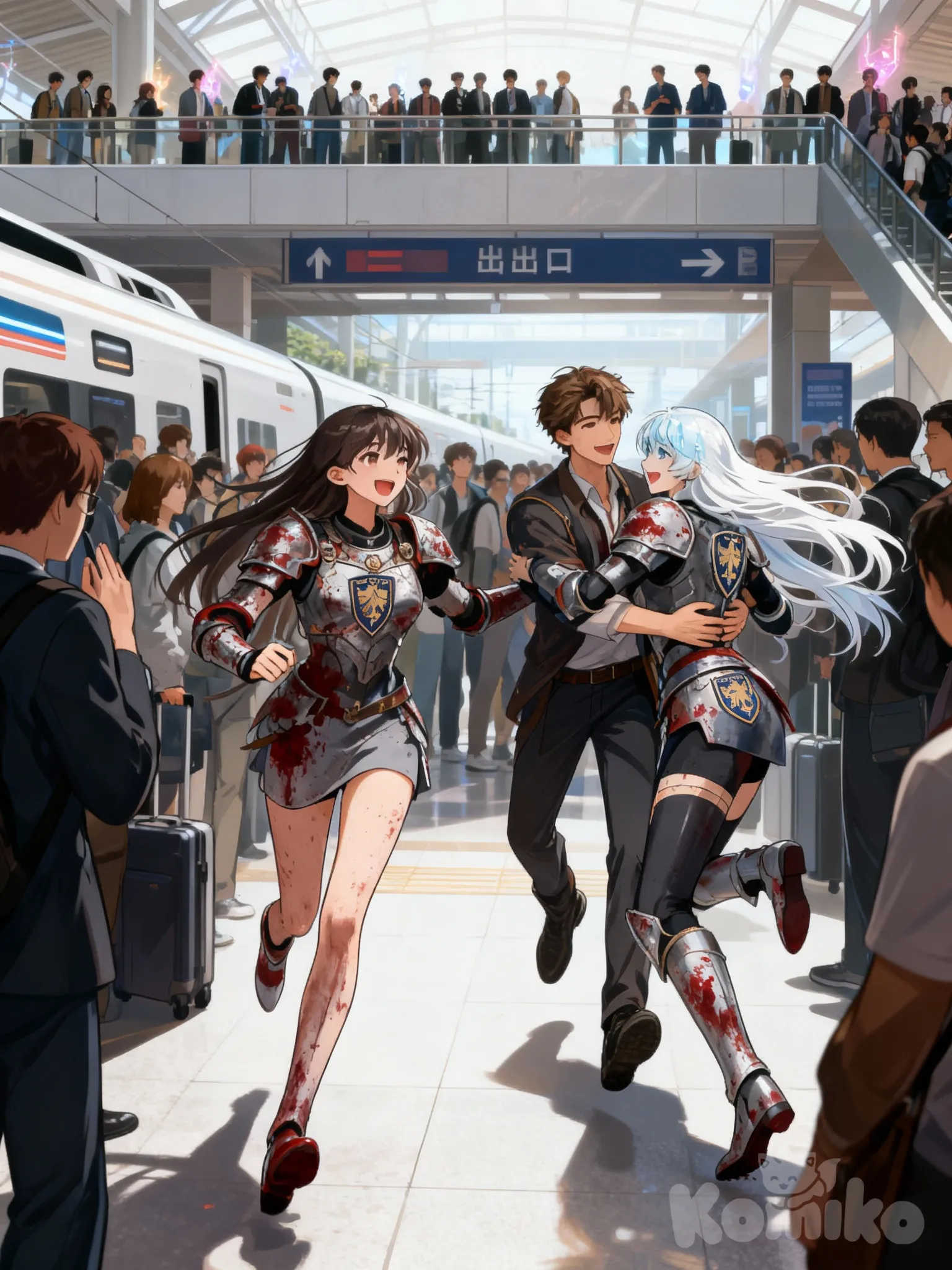 being greeted by 2 waifus