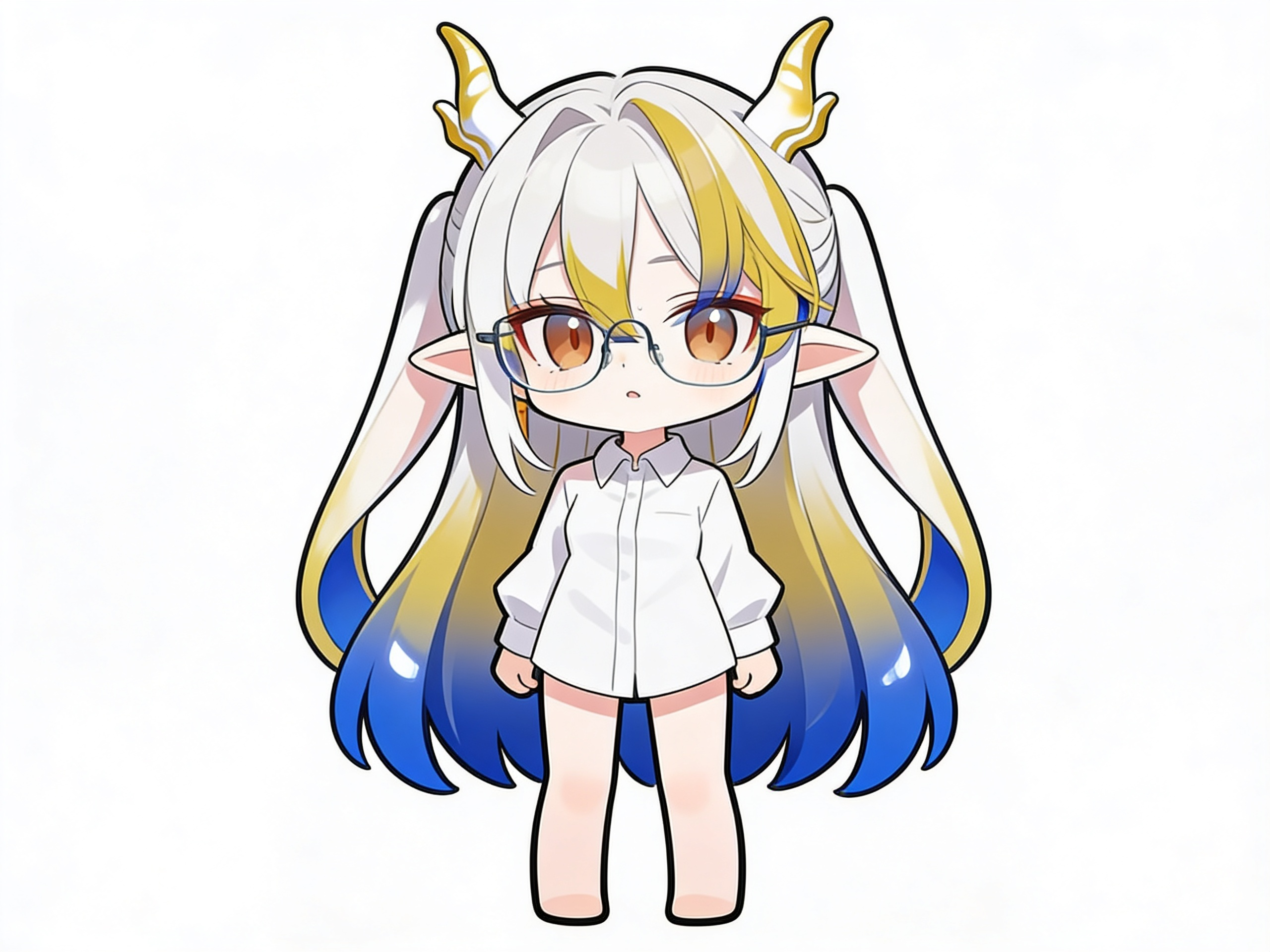 [glossy-chibi-style]1girl, chibi, teenager, slim, long hair, white hair, blonde hair, blue hair, glasses, white horns, blonde horns, long ears, white shirt, brown eyes, fair skin, single character, full body, looking at viewer, anime style, simple background, white background, anime style