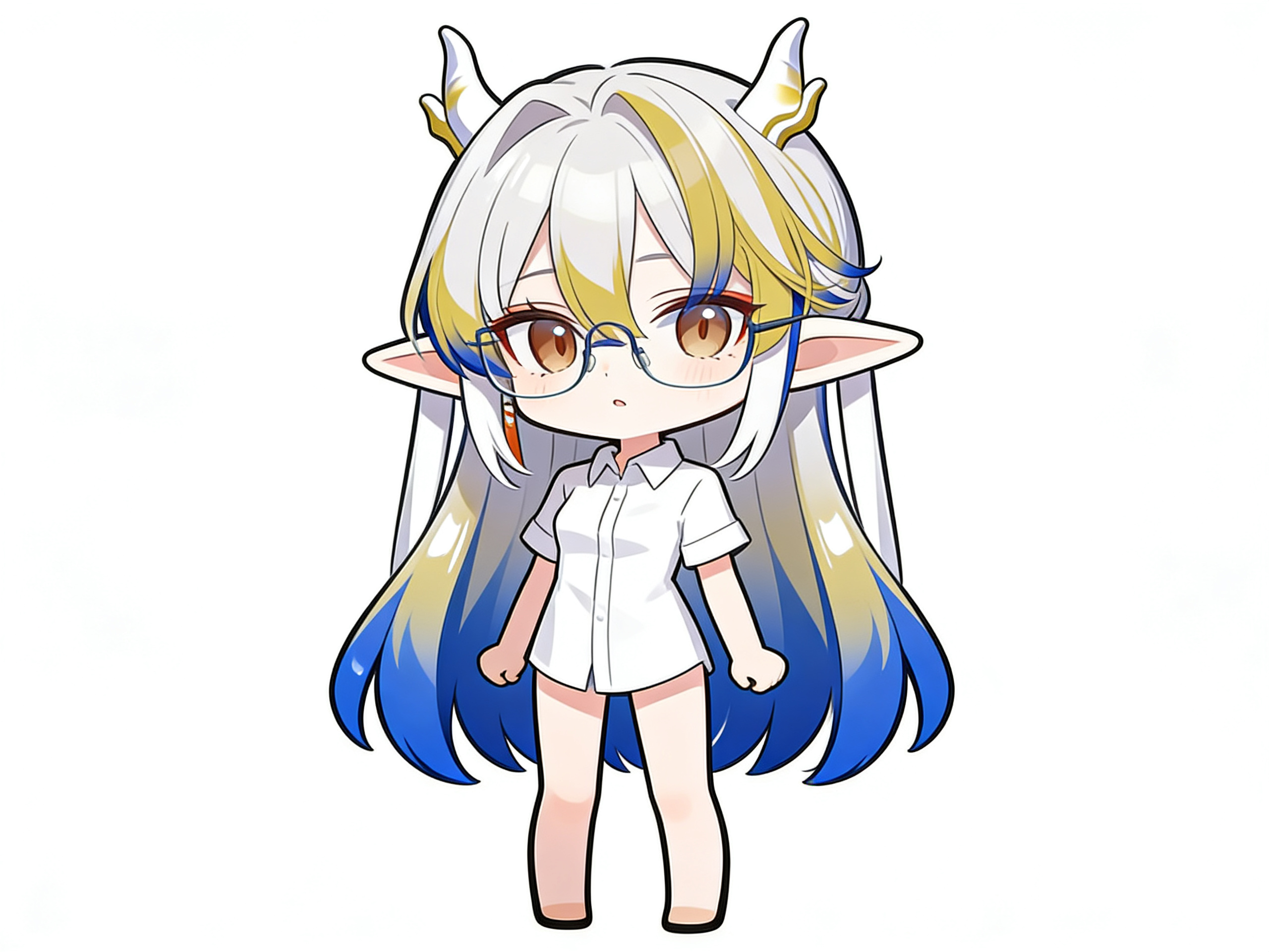 [glossy-chibi-style]1girl, chibi, teenager, slim, long hair, white hair, blonde hair, blue hair, glasses, white horns, blonde horns, long ears, white shirt, brown eyes, fair skin, single character, full body, looking at viewer, anime style, simple background, white background, anime style