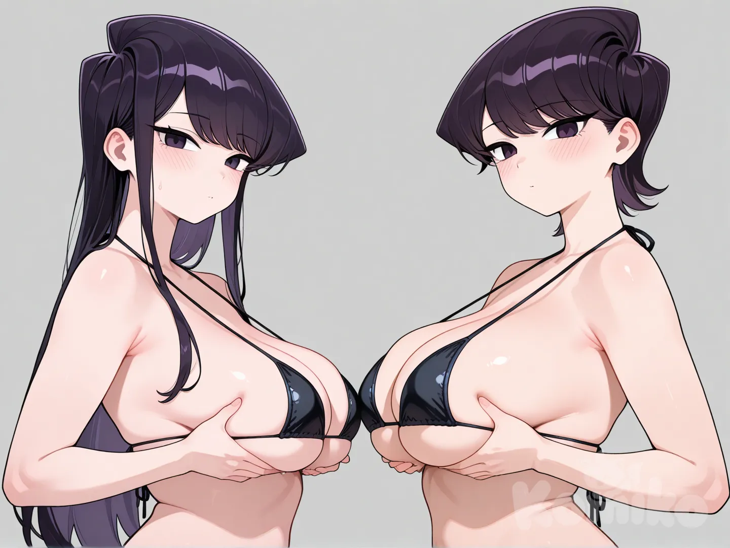 komi-san wa komyushou desu, komi shuuko, 2girl, large breasts, black micro bikini, mature female, komi shouko, grabbing own breast, black micro bikini, looking at viewer, viewed from side