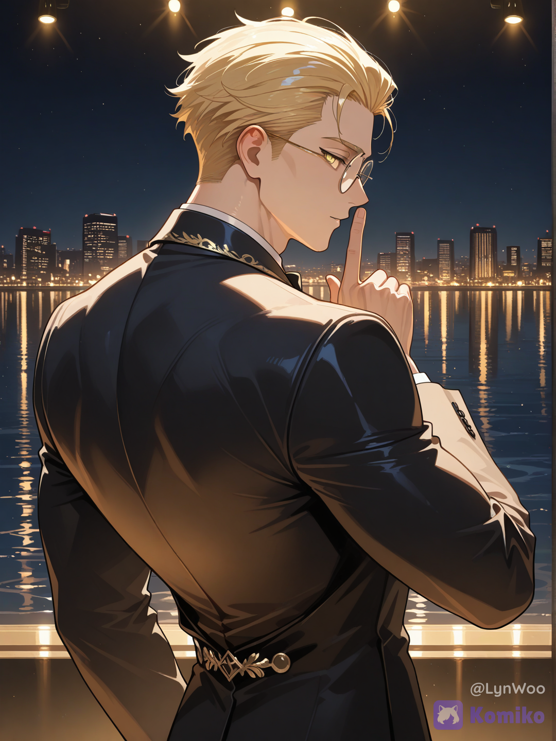 @lynwoo-20-iNiS dressed in an elegant black suit with gold accents, looks over her shoulder and gestures for silence; in the background, the night sky with golden lights is reflected in the water, city lights, upper body