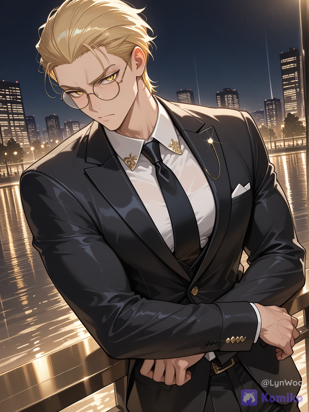 @lynwoo-20-iNiS dressed in an elegant black suit with gold accents,leaning on a railing, in the background, the night sky with golden lights is reflected in the water, city lights, upper body