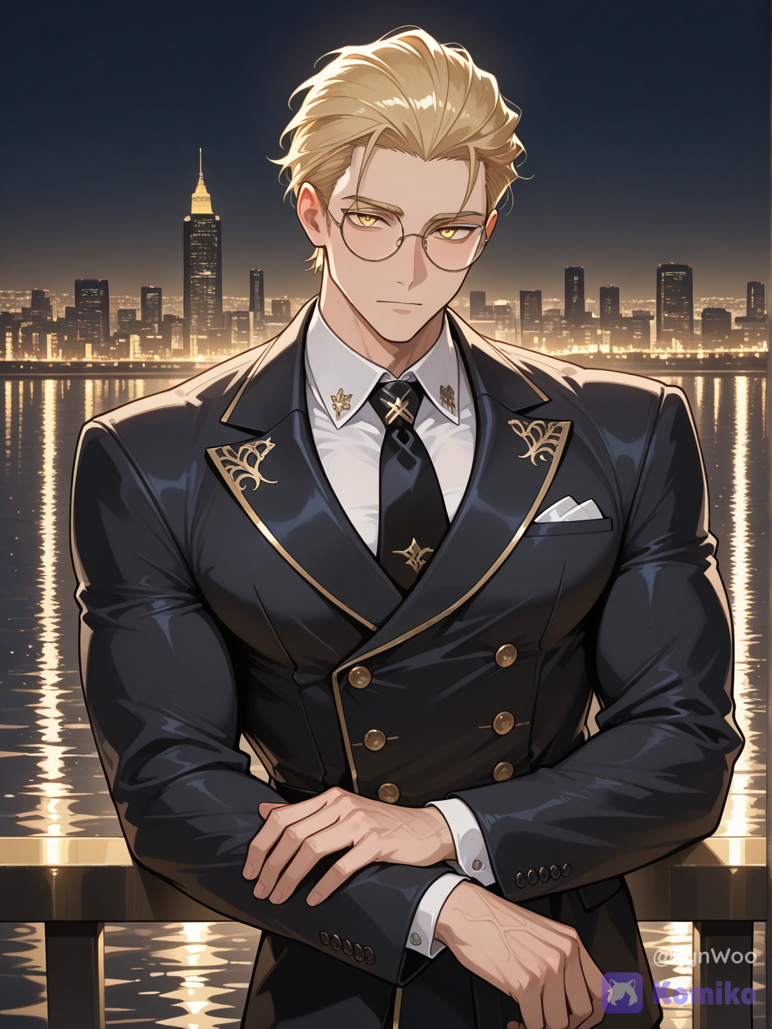 @lynwoo-20-iNiS dressed in an elegant black suit with gold accents,leaning on a railing, in the background, the night sky with golden lights is reflected in the water, city lights, upper body