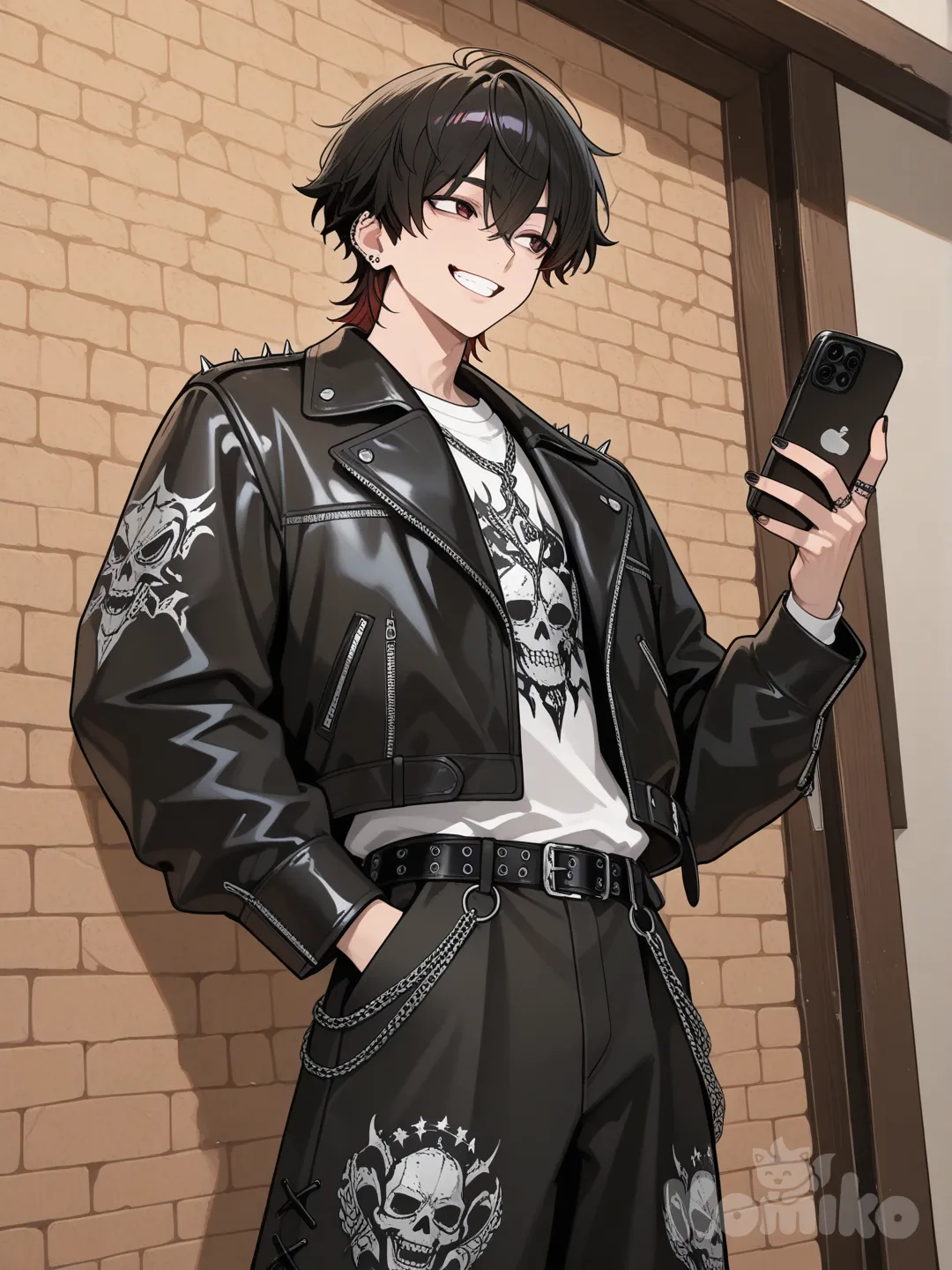 1boy, looking at phone, laughing, wide-leg pants, punk leather jacket, looking away