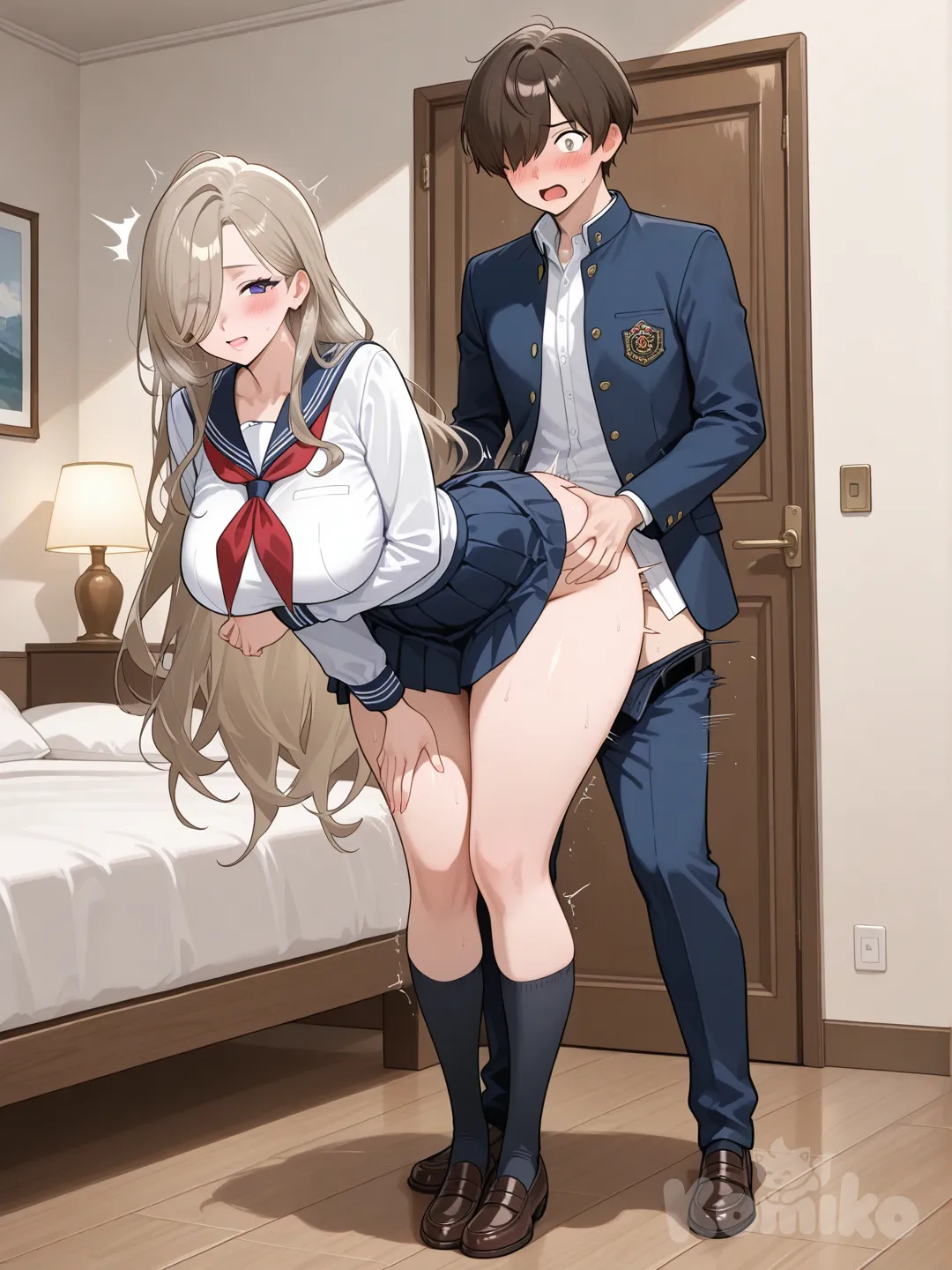 Sexy, full body, Milf, school uniform, very long hair, surprised, shy, bedroom, sex from behind