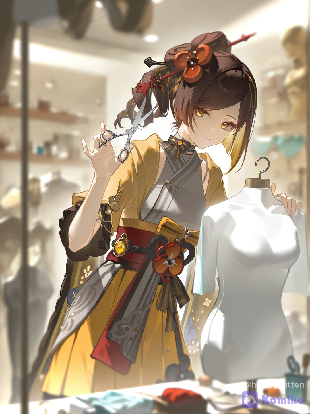 @Chiori_(Genshin_Impact), [aqua-dreamlight-style], mannequin, scissors, clothing on the mannequin, clothing store, workshop