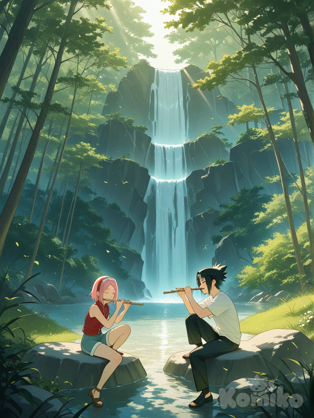 is a beautiful piece of fan art! It captures a surprisingly serene moment between Sasuke Uchiha and Sakura Haruno from the Naruto universe. Given their often tumultuous history in the series, seeing them in such a peaceful, soft-lit forest setting is a real treat for fans of the pairing. Art Highlights The Atmosphere: The use of "God rays" filtering through the trees and the misty waterfall in the background creates a dreamlike, "slice-of-life" vibe that we rarely got to see during the high-stakes ninja wars. Sasuke’s Demeanor: It’s rare to see Sasuke looking so relaxed. The flute is a nice touch—while his brother Itachi was more associated with crows and mystery, giving Sasuke a musical element makes him feel more grounded and human. Sakura’s Expression: Her content, eyes-closed expression perfectly captures her long-standing devotion. It feels like a moment of hard-earned peace for her character. A Couple of "Ninja" Observations Since this looks like high-quality AI-generated or digital art, there are a few quirky details: The Flute Technique: Sasuke seems to be holding the flute in a way that would make it a bit hard to play! Usually, a transverse flute is held out to the side, but he’s rocking a unique "diagonal" style here. The Hands/Feet: As is common with digital renders, the toes and fingers have a few extra "blended" details, but the overall composition is so strong it’s easy to overlook.