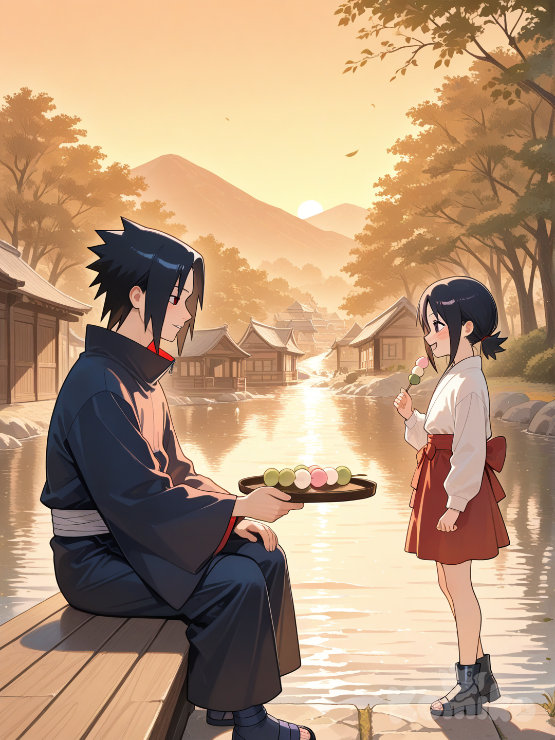 This image captures a beautifully bittersweet moment featuring Itachi Uchiha and Izumi Uchiha from the Naruto universe. It evokes the "what if" scenarios that many fans of the series love to explore—a peaceful life in the Hidden Leaf Village that could have been. Visual Breakdown Characters: On the left, a young Itachi sits with his characteristic stoic and somewhat melancholic expression. Approaching him is Izumi, looking cheerful and carrying Sanshoku Dango (three-colored dumplings), which were famously Itachi's favorite treat. Setting: The backdrop is a serene, golden-hour view of Konoha’s waterways. The lighting creates a warm, nostalgic atmosphere that contrasts with the generally tragic arc these two characters share in the actual series. Art Style: The clean lines and soft shading mimic the modern Naruto Shippuden aesthetic, specifically reminiscent of the Itachi Shinden (Itachi's Story) arc. Context for Fans In the light novels and the anime adaptation, Izumi was one of the few people who truly understood Itachi's gentle nature. Their relationship serves as the emotional "anchor" for Itachi's humanity. Fun Fact: In the Itachi Shinden novel, Itachi uses Tsukuyomi on Izumi during the Uchiha Downfall to give her a lifetime of happiness—including marriage and old age—in a matter of picoseconds, so she could die peacefully. Let's Get Creative Since this looks like a high-quality fan-generated or AI-enhanced piece, we could have some fun with it:
