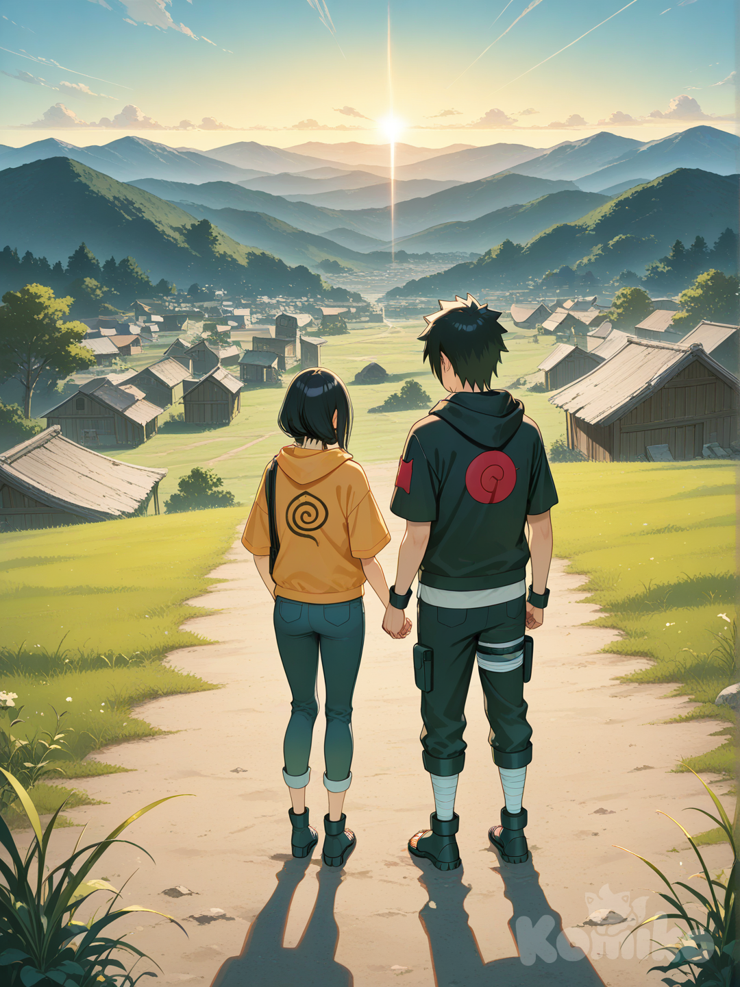 Naruto and hinata , Naruto Shippuden, hoodie, t-shirt, ambient light, grassland, village, blue sky, ruins