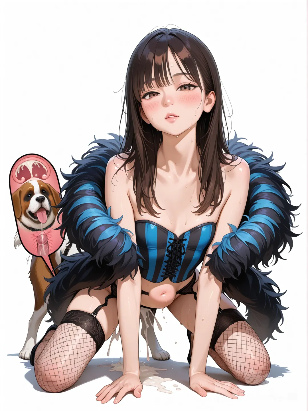 @mandy-M4Jw, 1girl, teenager, dark brunette hair, brown eyes, fishnet stockings, black feather boa, black corset with blue stripes, garter straps, petite, straight shoulder-length hair, photorealistic style, single character, full body, all fours, fucked from behind by st Bernard, impregnated