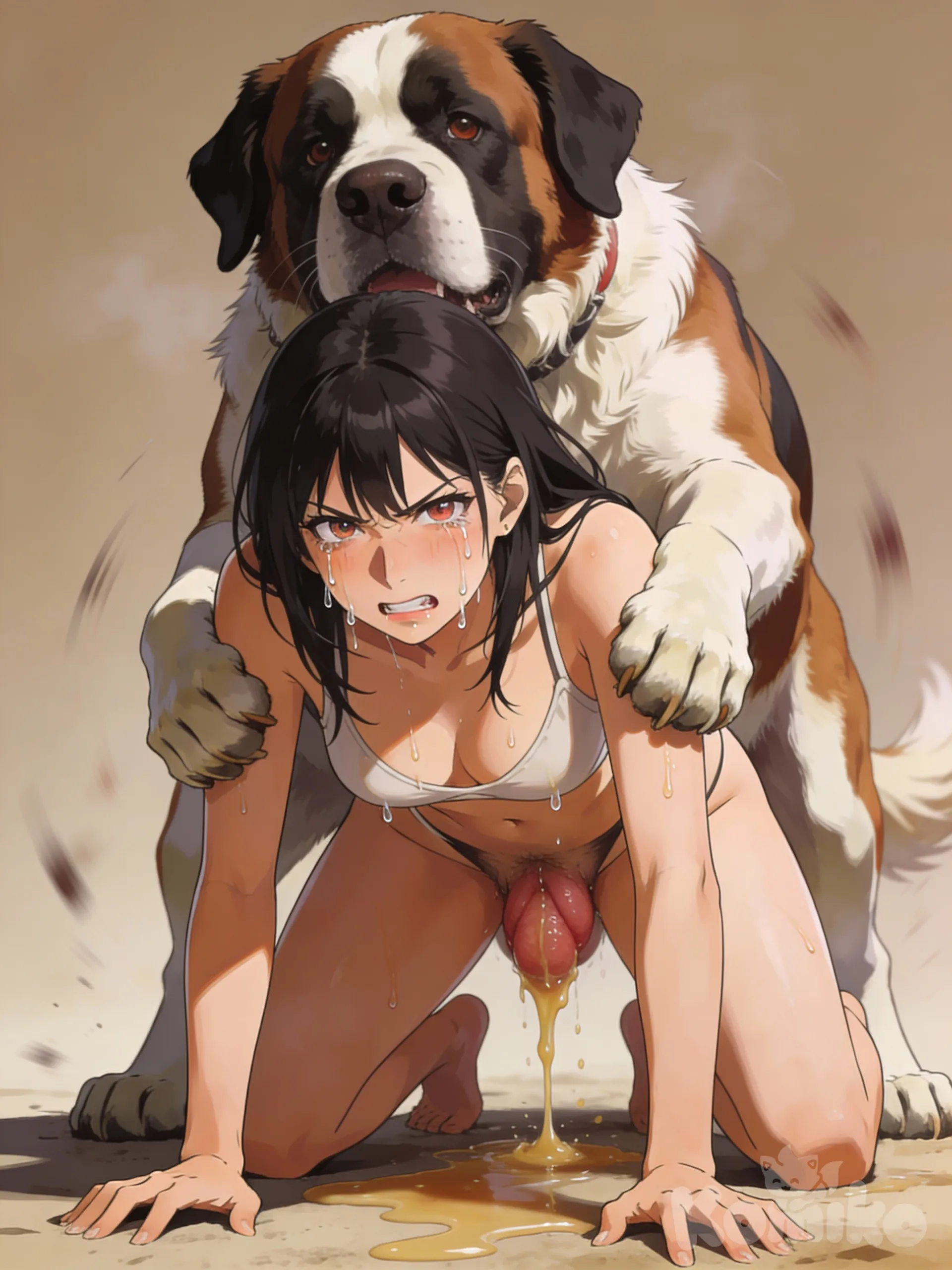 all fours, sex from behind, full body, cum in pussy, angry crying, fucked by St Bernard, photorealistic