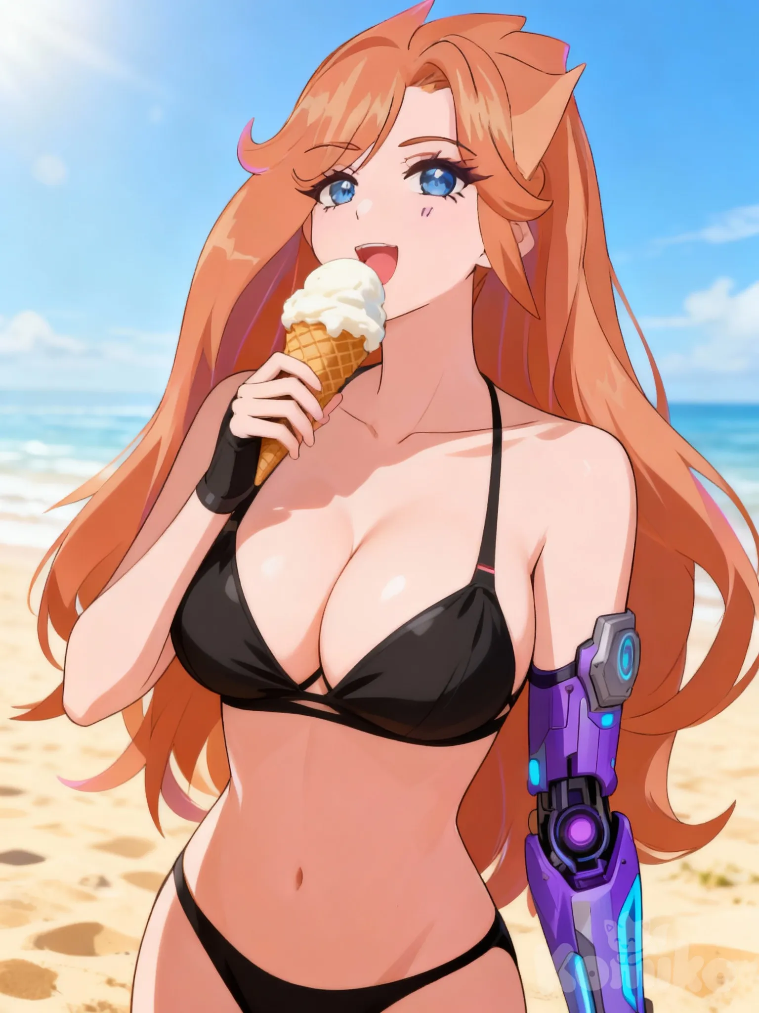 NSFW,Yuudachi_Vell's, black bikini, eat icecream, large breasts, beach