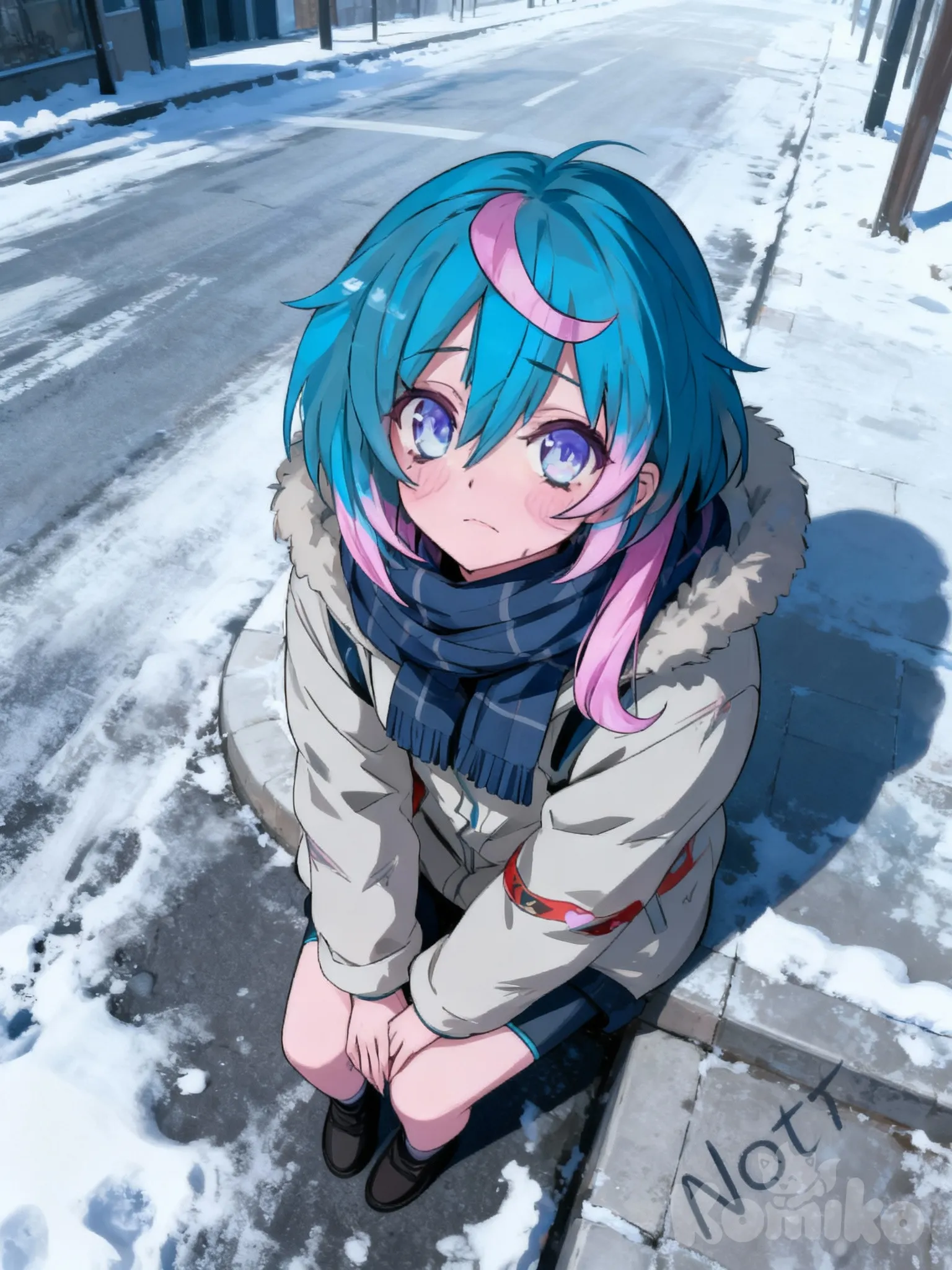 Nott, sitting on the edge of the street, looking at the viewer with a sad face, camera pointing from above at the face, looking at viewer, winter clothes