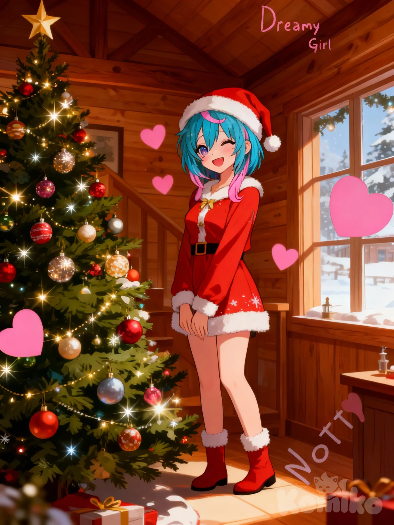 Nott, She is in Christmas clothes, in a cozy wooden house, next to her there is a large Christmas tree, with a dazzling smile she looks at the viewer with affection, standing, looking at viewer, christmas, christmas tree, christmas ornaments