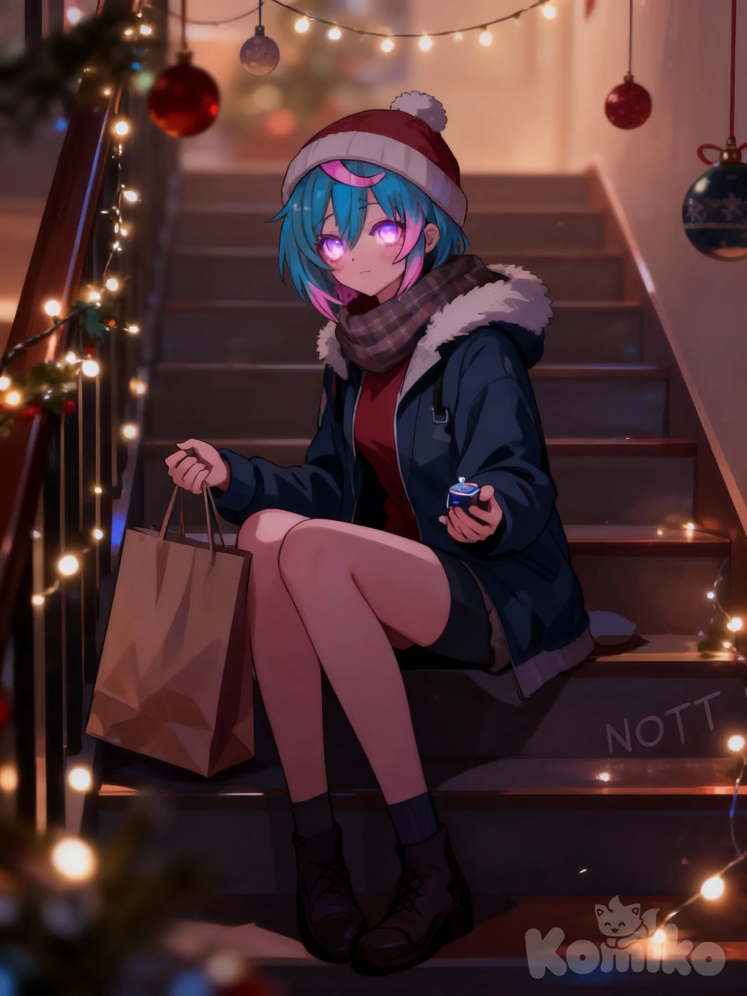 Nott, She's at home, checking the Christmas decorations she bought.