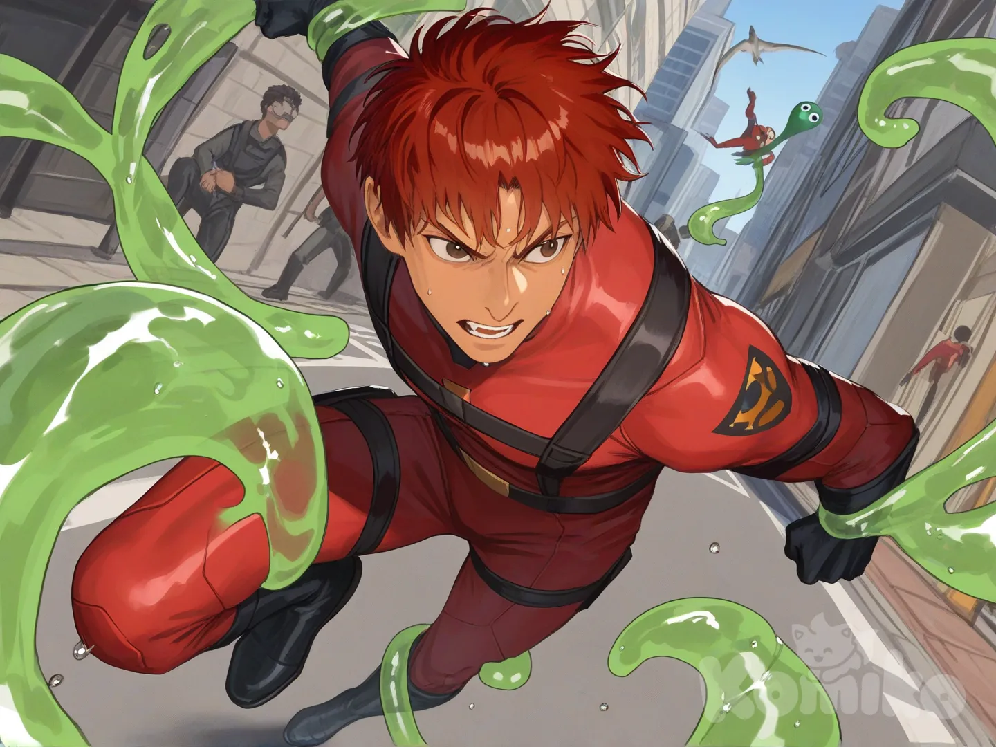 1boy, 1boy, 2people, fighting, superhero vs villain, superhero vs monster, human vs monster, confront, main street, from above

Characters :
First person : Derek Kingsfield : 28, has a short dark red hair, brown eyes, tan skin, black gloves, he's wearing three tone red with black and white strap tight suit , superhero suit, adult, [serious-man-style], full body, central city background, wet, superhero, damage

Second person : monster, villain, green slime, liquid gell, ball eyes, tentacles, gooey, attack