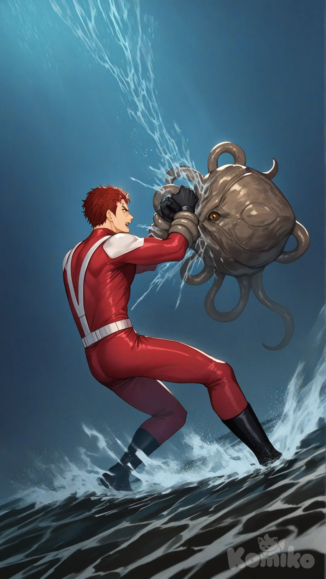 1boy, 1boy, 2people, fighting, superhero vs villain, superhero vs monster, human vs monster, confront, shallow sea, above water, depth of field, side view,

Characters :
First person : Derek Kingsfield : 28, has a short dark red hair, brown eyes, tan skin, black gloves, he's wearing three tone red with black and white strap tight suit , superhero suit, adult, [serious-man-style], full body, on water background, wet, superhero, captured, 

Second person : monster, villain, kaijuu, giant creature with spiky shell and tentacles, dangerous, attack, hybrid monster, catch