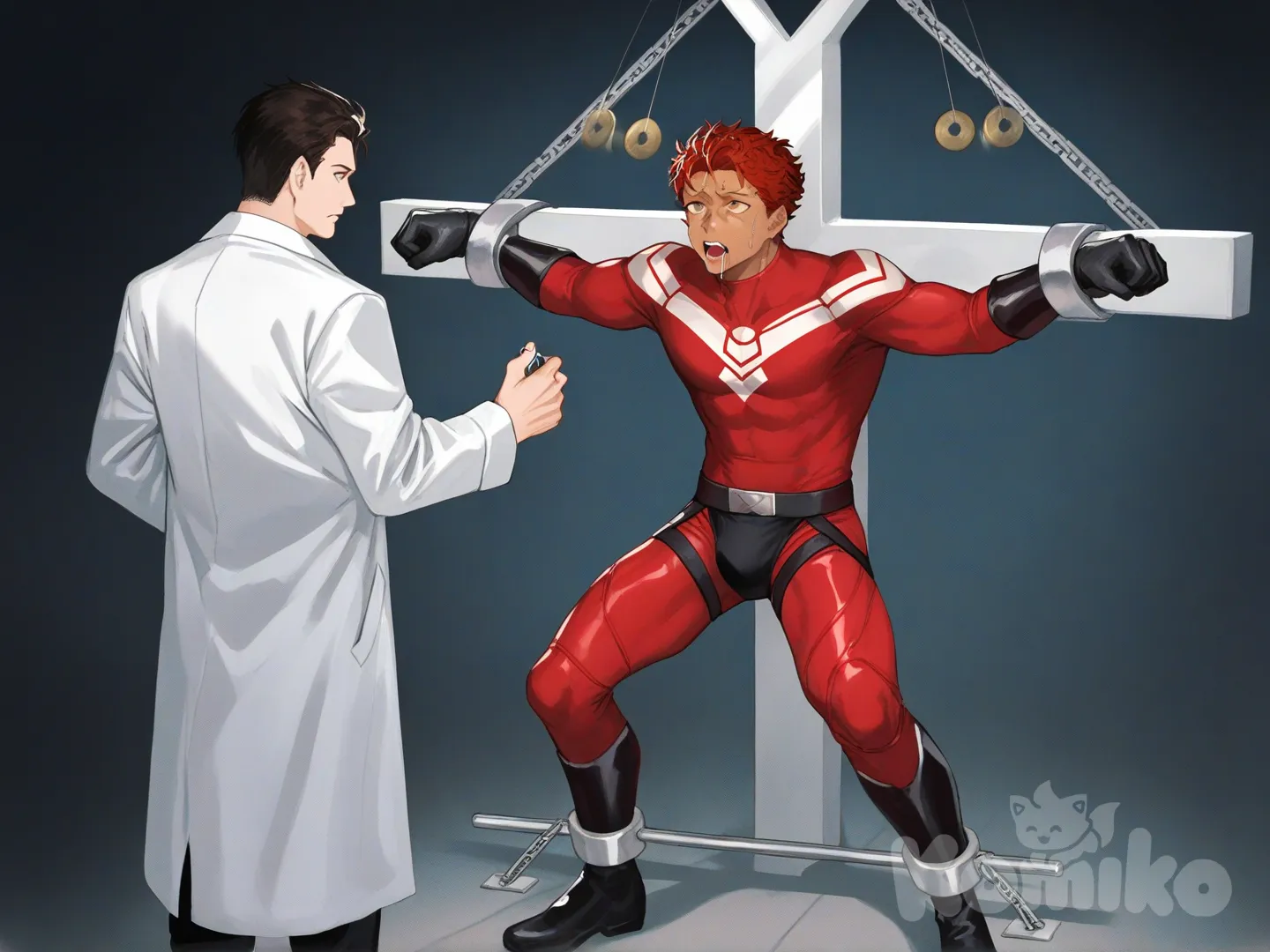 1boy, 1boy, 2people, fighting, superhero vs mad scientist, superhero vs villain, human vs human, confront, laboratorium,

 Characters :

First person : Derek Kingsfield : 28, jock studio, has a short dark red hair, brown eyes, tan skin, black gloves, he's wearing three tone red with black and white strap tight suit , superhero suit, adult, [serious-man-style], full body, laboratorium background, wet suit, superhero, hypnotized, standing, captured, droll, blank stare, tied up spread eagle on crucified x shaped, research object,

Second person : villain, human, male, mad scientist, lab coat, hypnotist, hypno tools, mind control, brain washing