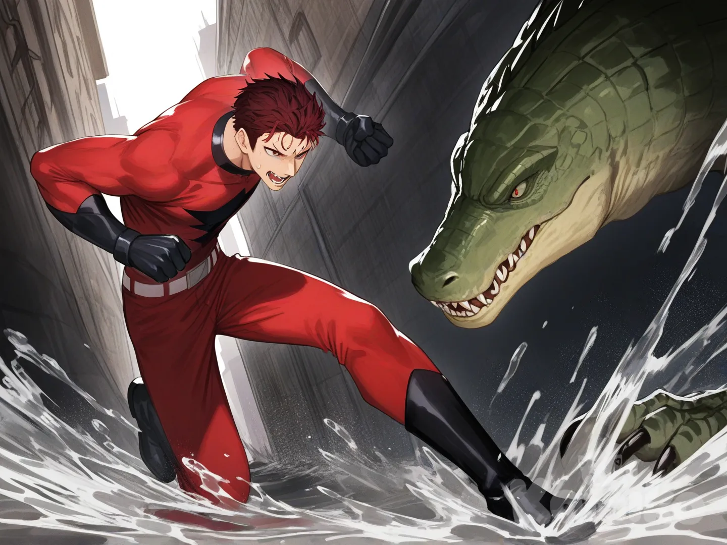 1boy, 1boy, 2people, fighting, superhero vs villain, superhero vs monster, human vs monster, in city sewer

Characters :
First person : Derek Kingsfield : 28, jock studio, has a short dark red hair, brown eyes, tan skin, black gloves, he's wearing three tone red with black and white strap tight suit , superhero suit, adult, [serious-man-style], full body, central city background, wet suit, full body, sewer background, wet, superhero, clenched fist, defensive stance, confront battle,

Second person : villain, crocodile monster, massive size, sharp teeth, sharp claw, sewer monster, catch, dangerous, red eyes, Imminent attack