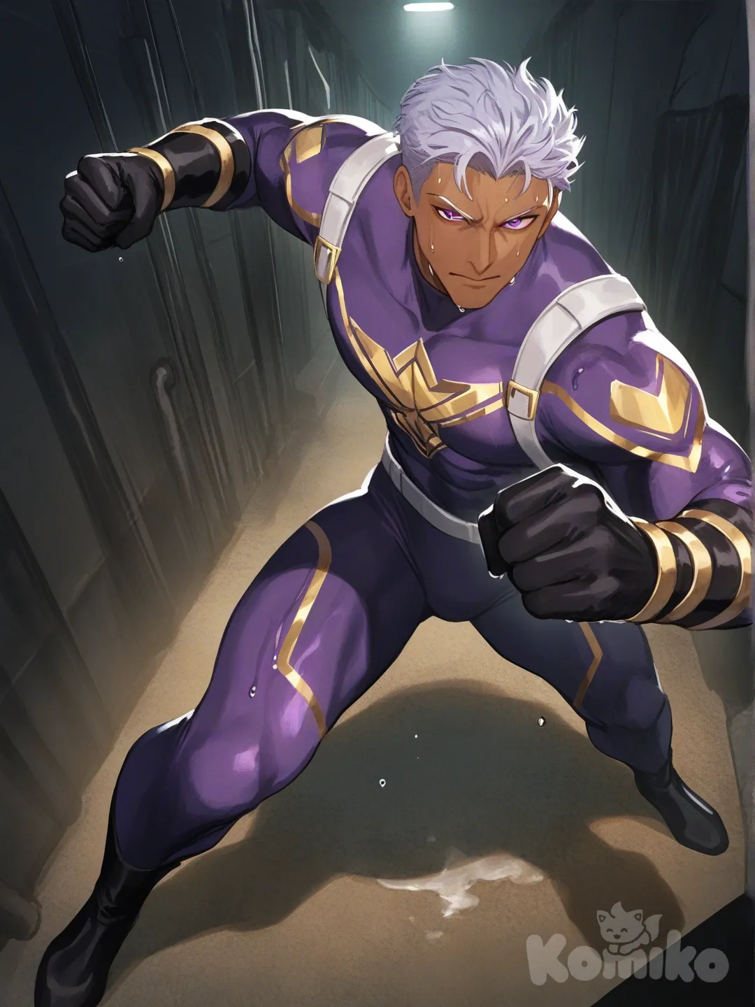 1boy, fighting, superhero, in city sewer,

Characters :
First person : Zayne Alexander, Jock Studio, has purple man-bun hair, purple eyes, dark skin, muscular, tall, black gloves, he's wearing three tone purple with white and gold strap tight suit, superhero suit, adult, [serious-man-style], full body, sewer background, wet, superhero, clenched fist, stance, distance, looking at viewer, standing