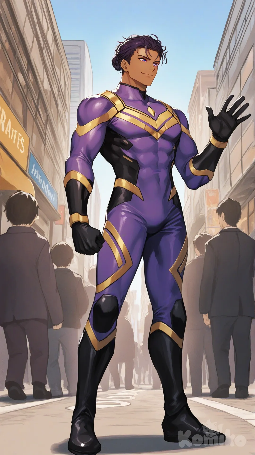 1boy, solo, from below, city, main street, surrounded by citizen,

Characters:
First character: Superhero, Zayne Alexander, Jock Studio, muscular body, purple eyes, purple hair man bun, dark skin tone, black gloves, he's wearing three tone purple with black and gold strap tight suit, superhero suit, [serious-man-style], full body, standing, wave one hands, thin smile, looking away