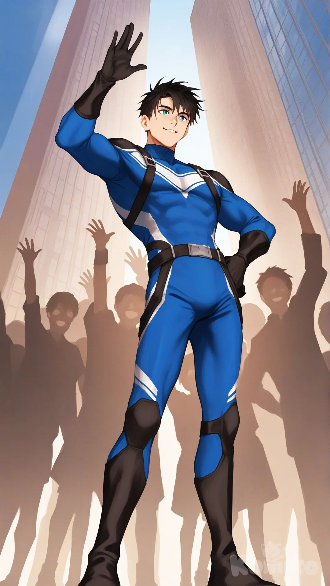 1boy, solo, from below, city, main street, surrounded by citizen, cheering by citizen,

Characters:
First character: Superhero, Avan Geiserford, Jock Studio, slim-fit body, black hair color, cyan eyes, fair skin tone, black gloves, he's wearing three tone blue with black and white strap tight suit, superhero suit, [serious-man-style], full body, standing, wave one hands, one hands on hips, thin smile, looking away