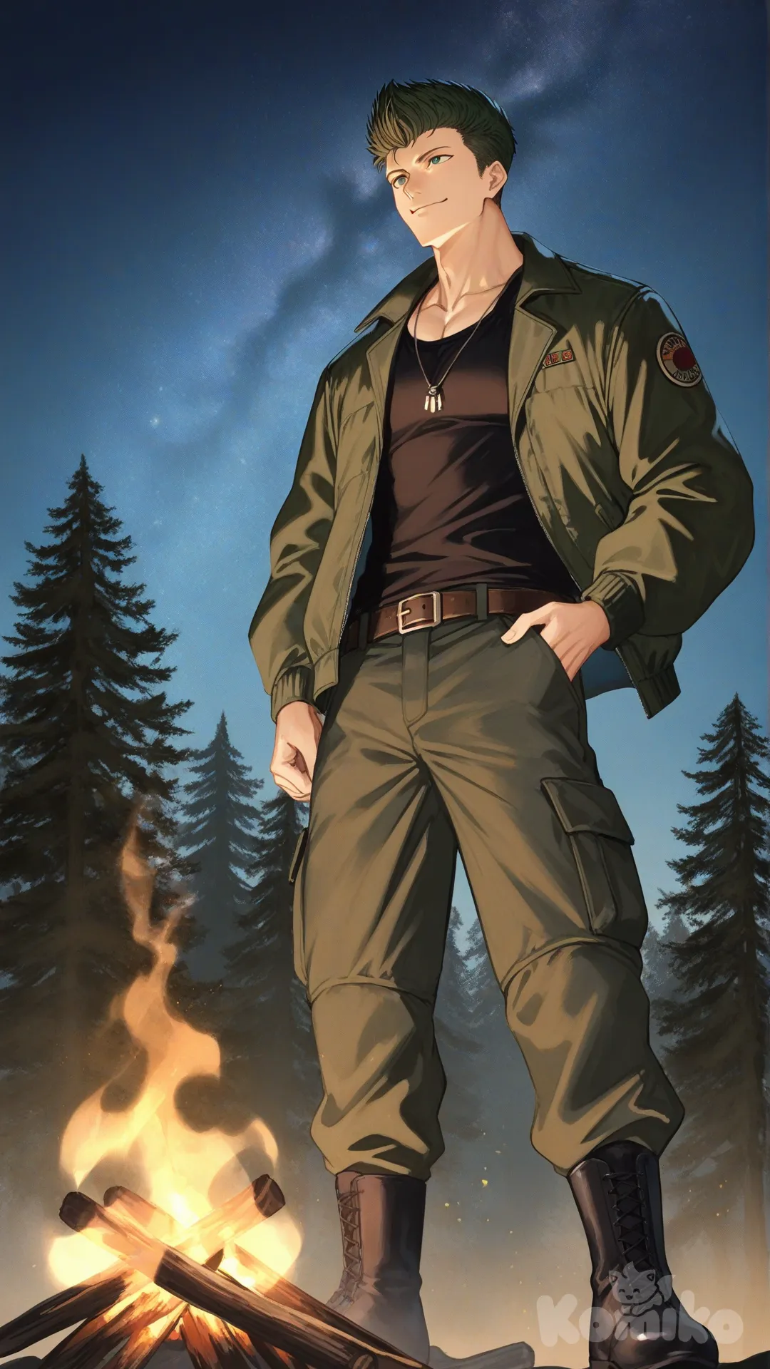 1boy, solo, from below, camping area, campfire, 

Characters:
First person: Matt Carter, Jock Studio, low taper quiff cut olive hair color, green eyes, olive skin tone, [serious-man-style], full body, athletic body, standing, wears black tanktop layered with green plaid shirt and cover it with green leather jacket, wears army neckclace, wears cargo pants, leather belt, black leather boots, thin smile, one hands in pockets