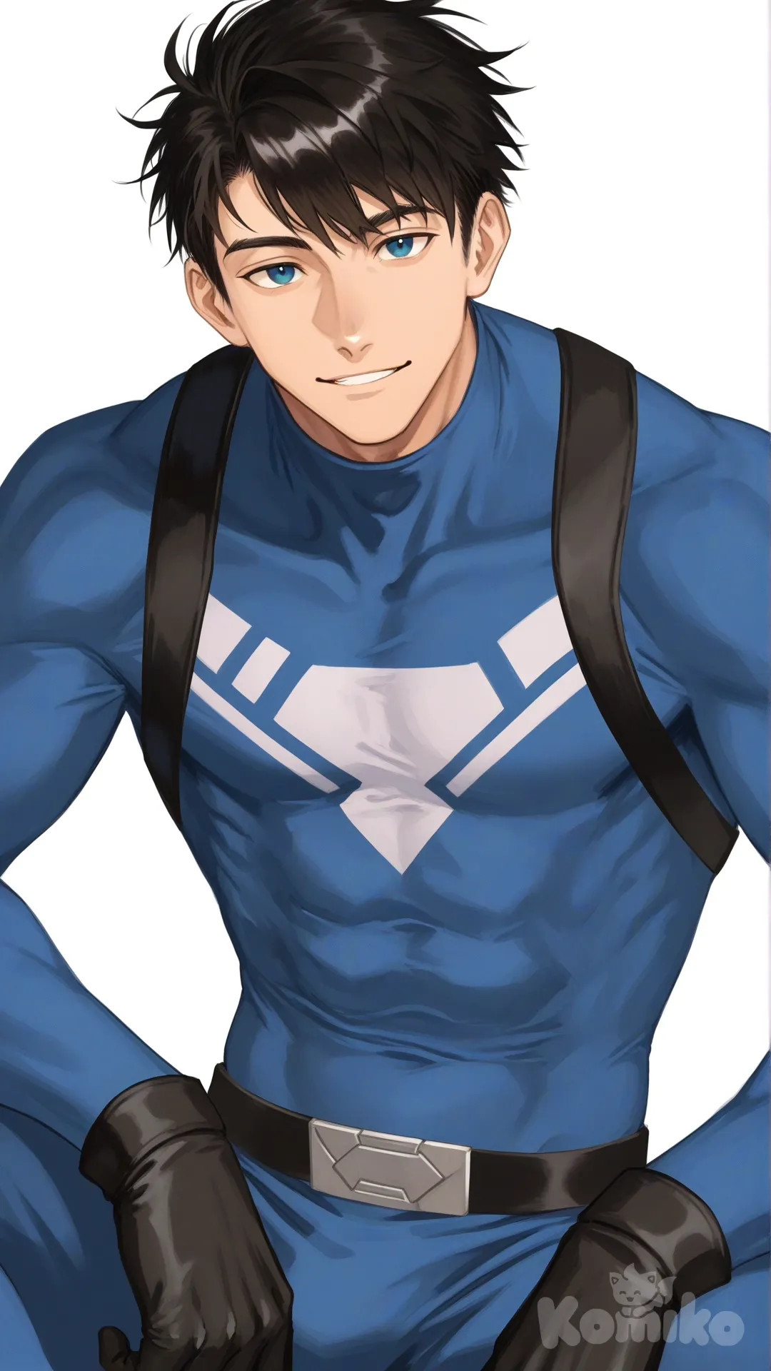 1boy, solo, looking at viewer, front profile photo, white background,

Characters:
First character: Superhero, Avan Geiserford, Jock Studio, slim-fit body, short side part cut hairstyle black hair color, cyan eyes, fair skin tone, black gloves, he's wearing three tone blue with black and white strap tight suit, superhero suit, [serious-man-style], full body, thin smile, sitting on the ground